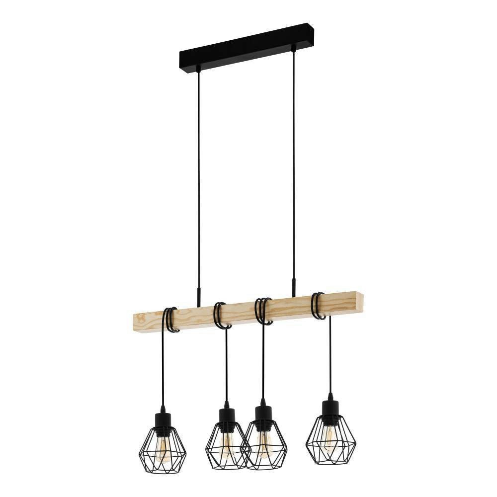 EGLO Hängeleuchte TOWNSHEND 5, Hängelampe, Stahl und Holz, E27, IP20, Pendellampe, Lampe, ohne Leuchtmittel, Hängeleuchte, L70 x B20 x H110 cm, schwarz, braun, 4X60W exkl.