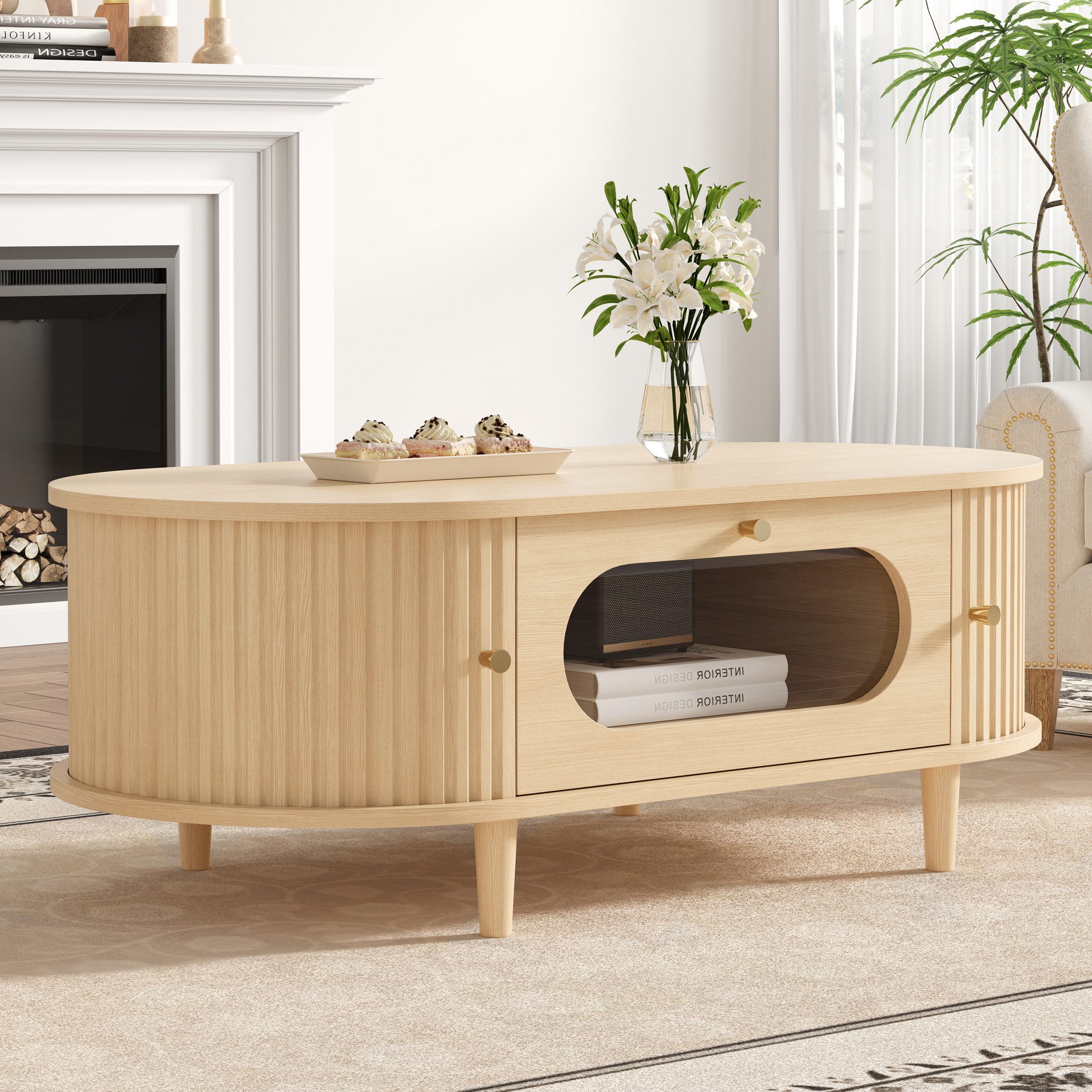 Merax Couchtisch in Holzoptik, Sofatisch Beistelltisch Kaffeetisch (1-St), Wohnzimmertisch mit Schublade, 2 Rolltüren & Stauraum, 100x50x36cm