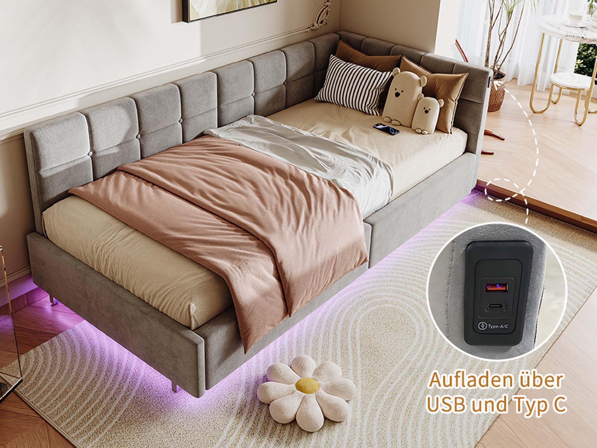 zebery Polsterbett Daybett Tagesbett LED Einzelbett 90x200cm (Hydraulisch hebbarer Stauraumbett), Jugendbett mit USB & Type-C,Samt,Grau – Bild 5 von 5