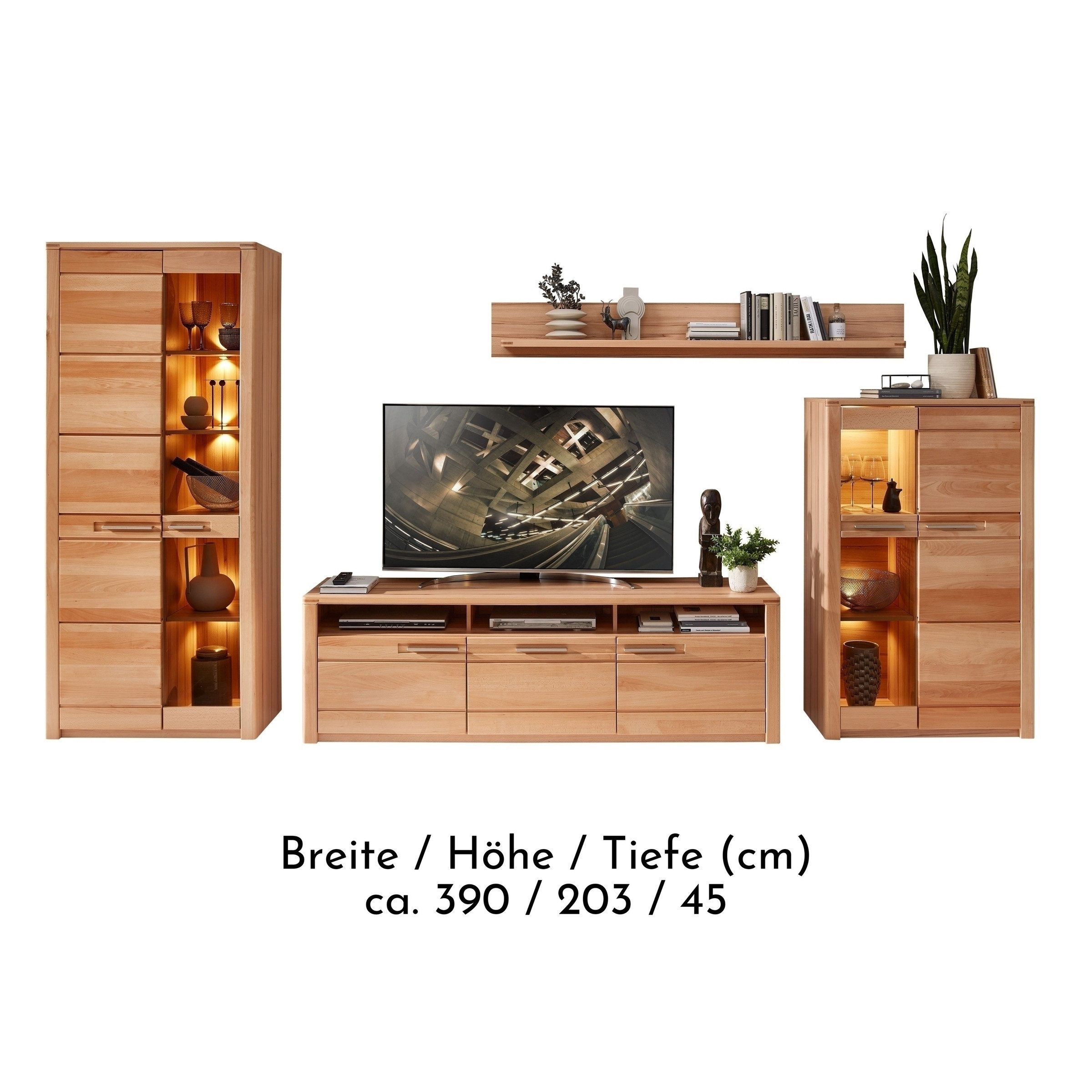 freiraum Wohnwand Nature One, 4-teilig, mit LED, FSC, in Kernbuche teimassiv - 390x203x45cm (B/H/T)