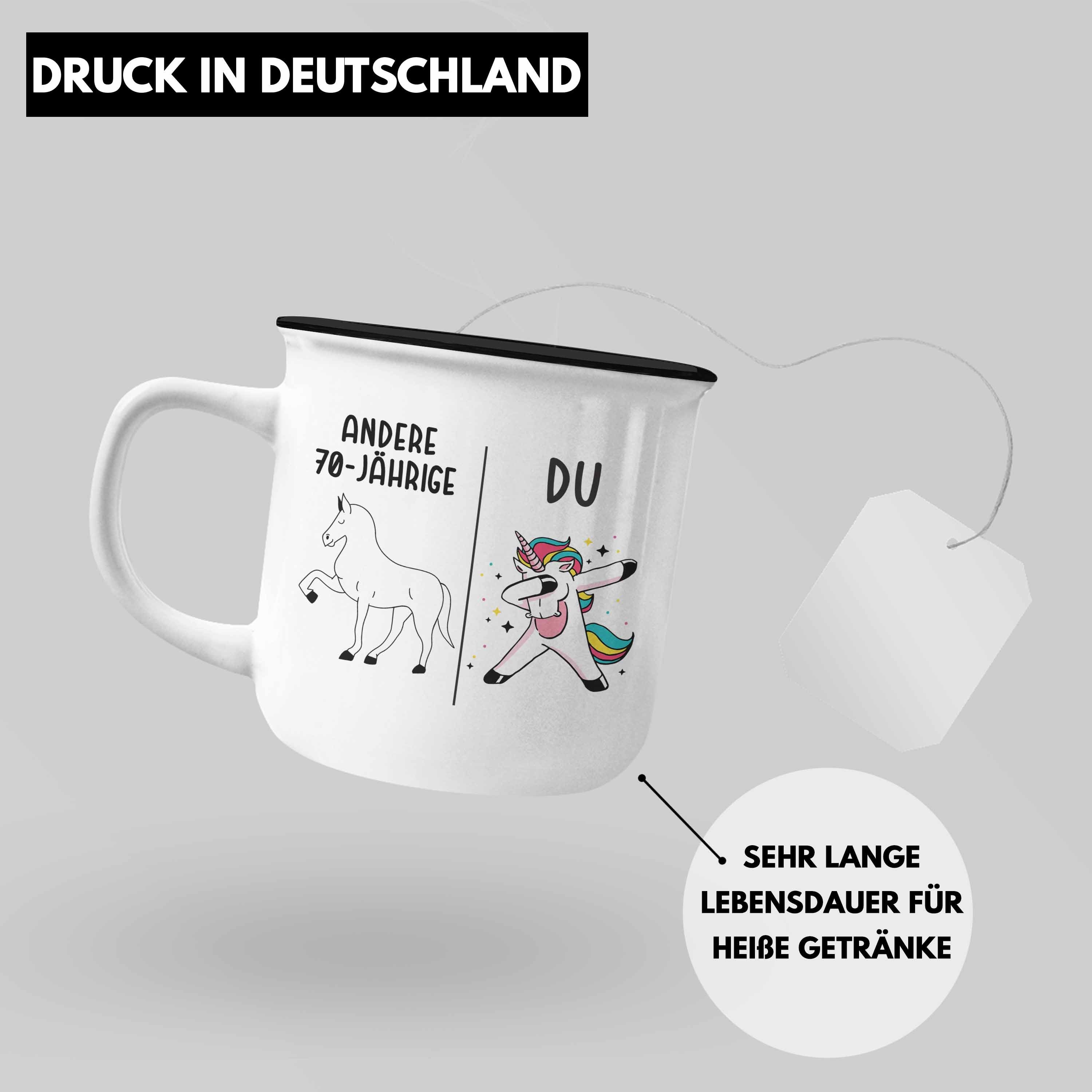 70er 70. Geschenkidee Frauen Trendation - Mama Mutter Emaille Schwarz Trendation Geschenk Geburtstag Geburtstag Tasse Einhorn Thermotasse