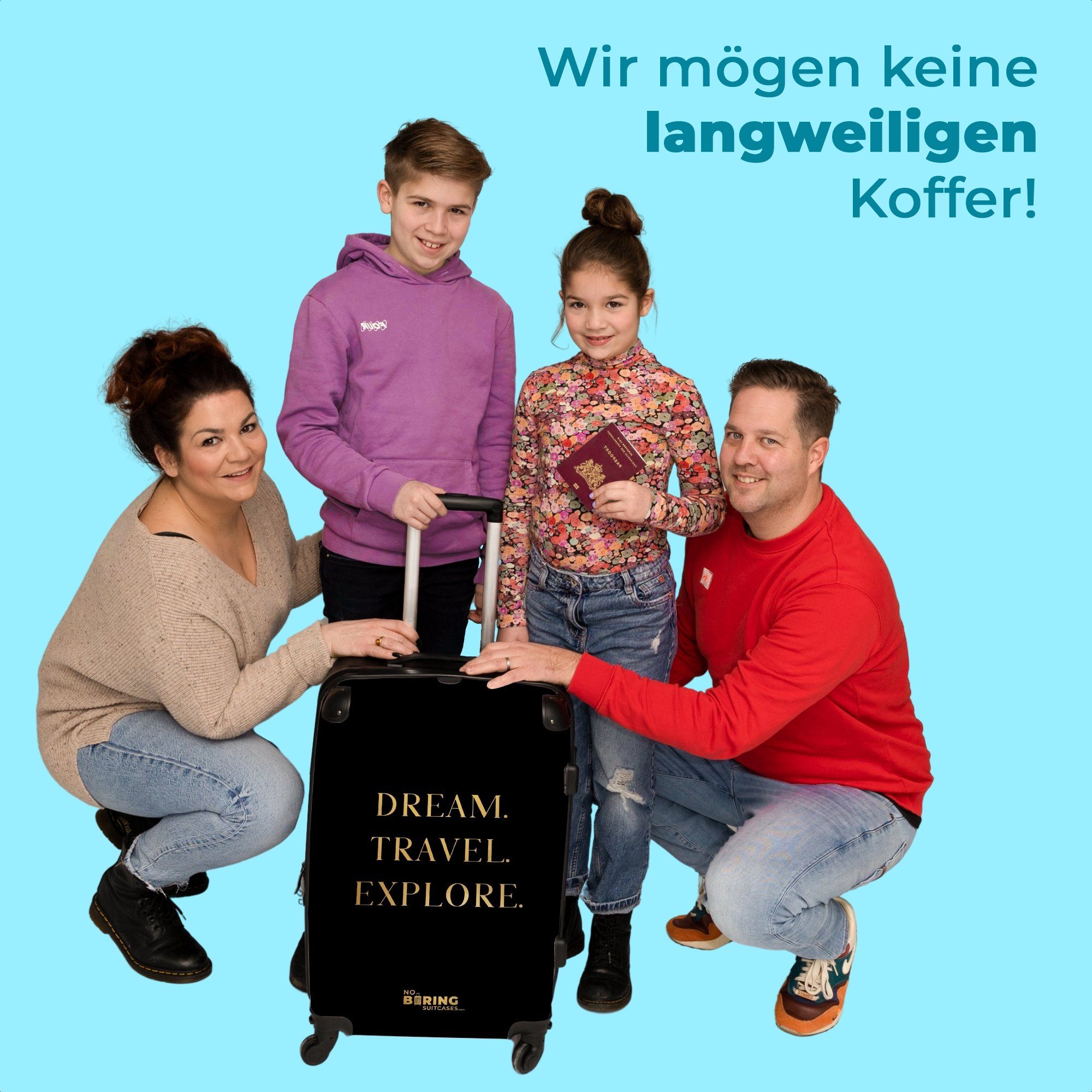 Rollkoffer 4 - 4 Koffer Rollen 67x43x25cm Aufgabegepäck - Große erkunden Zitate Reisen - NoBoringSuitcases.com© Gold - mit Rollen, - Reisekoffer Traumreise Schwarz, Trolley