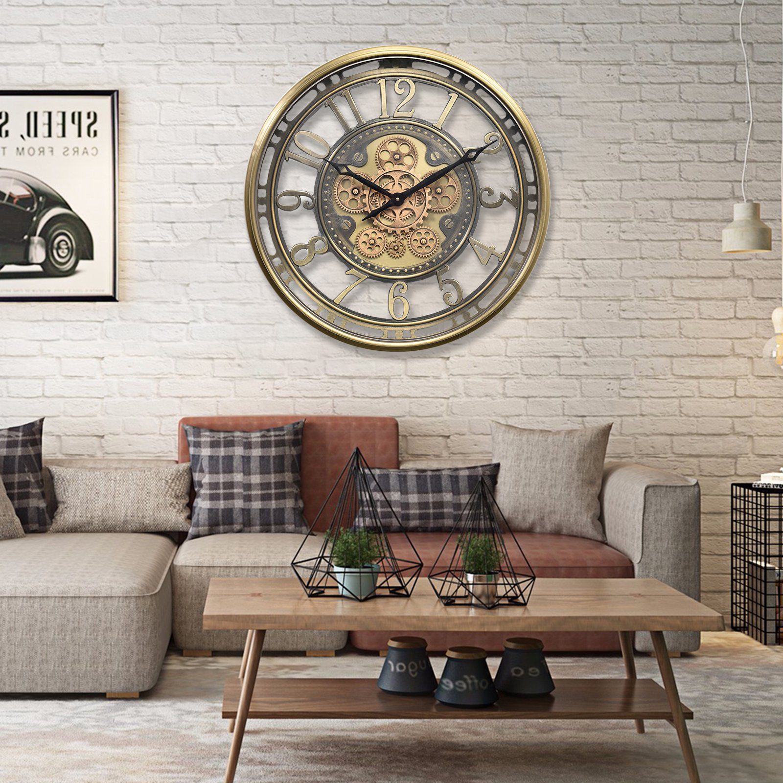 Samilito Uhr Wanduhr mit echtem Bewegungsgetriebe Zahnrädern in Gold