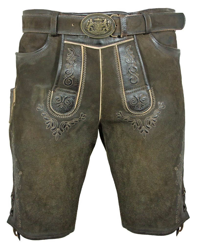 Maddox Trachtenlederhose "Herbert" mit Gürtel - Antik Reut, Kurze Lederhose mit Stickereien