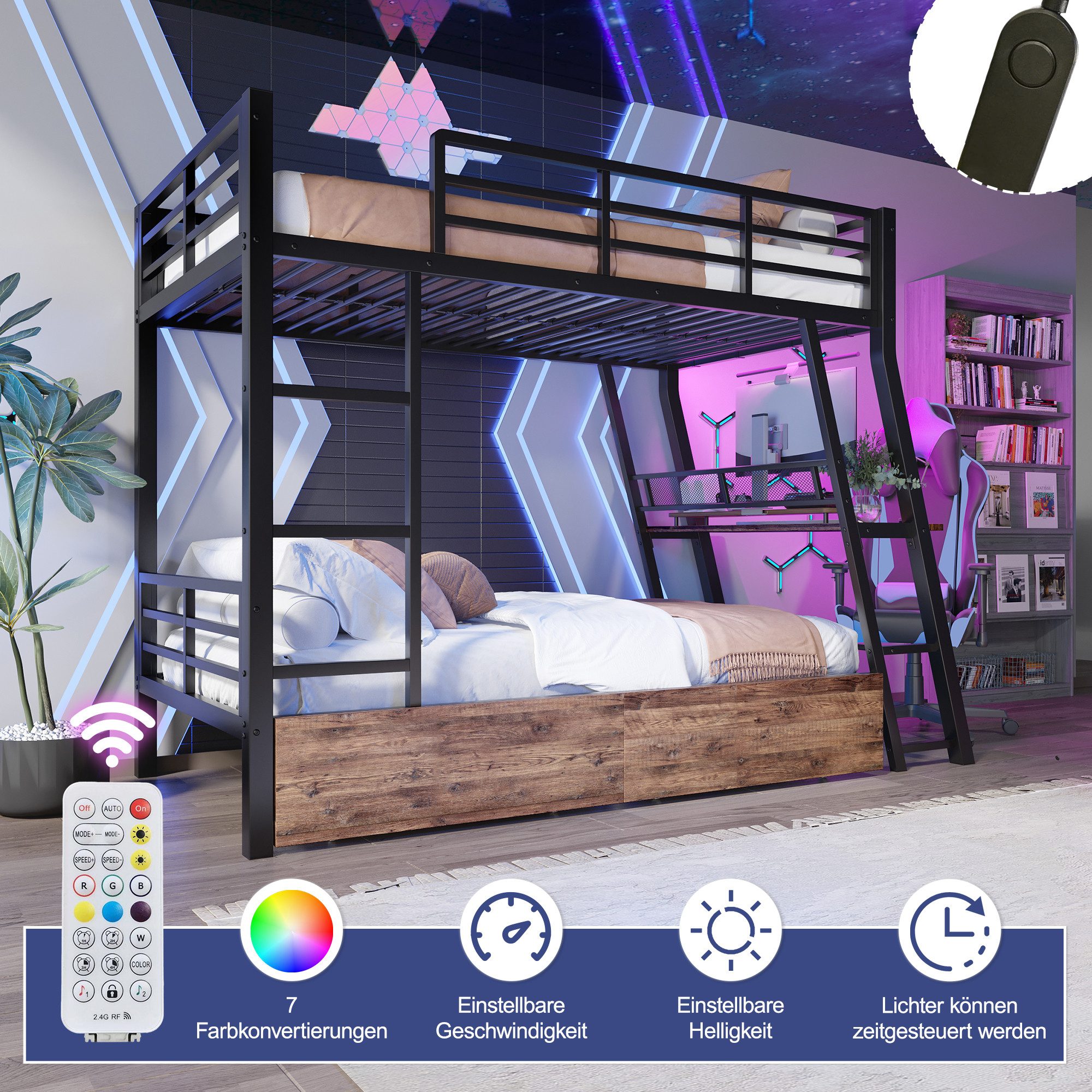 Flieks bunk bed, LED metal bed 90x200cm with fall protection, desk, drawers