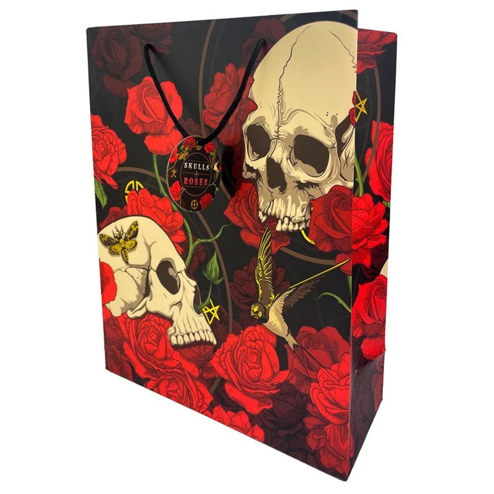 Puckator Geschenkpapier Skulls & Roses Totenkopf rote Rosen Geschenktasche - Extragroß (pro St