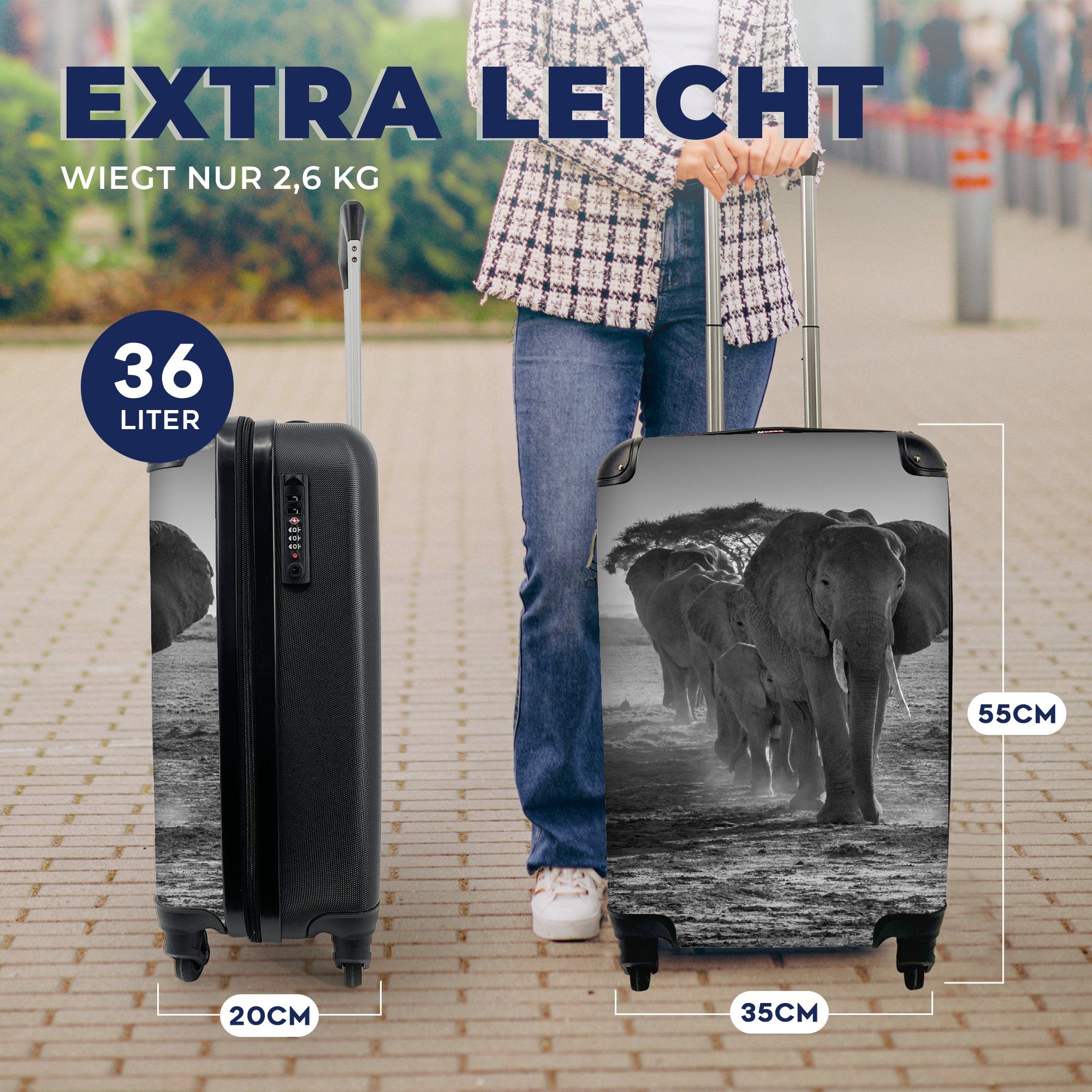 MuchoWow Handgepäckkoffer Elefant - Schwarz 4 Tiere Handgepäck Ferien, Reisekoffer - mit Weiß, - Rollen, Trolley, für Einfarbig Reisetasche rollen, 