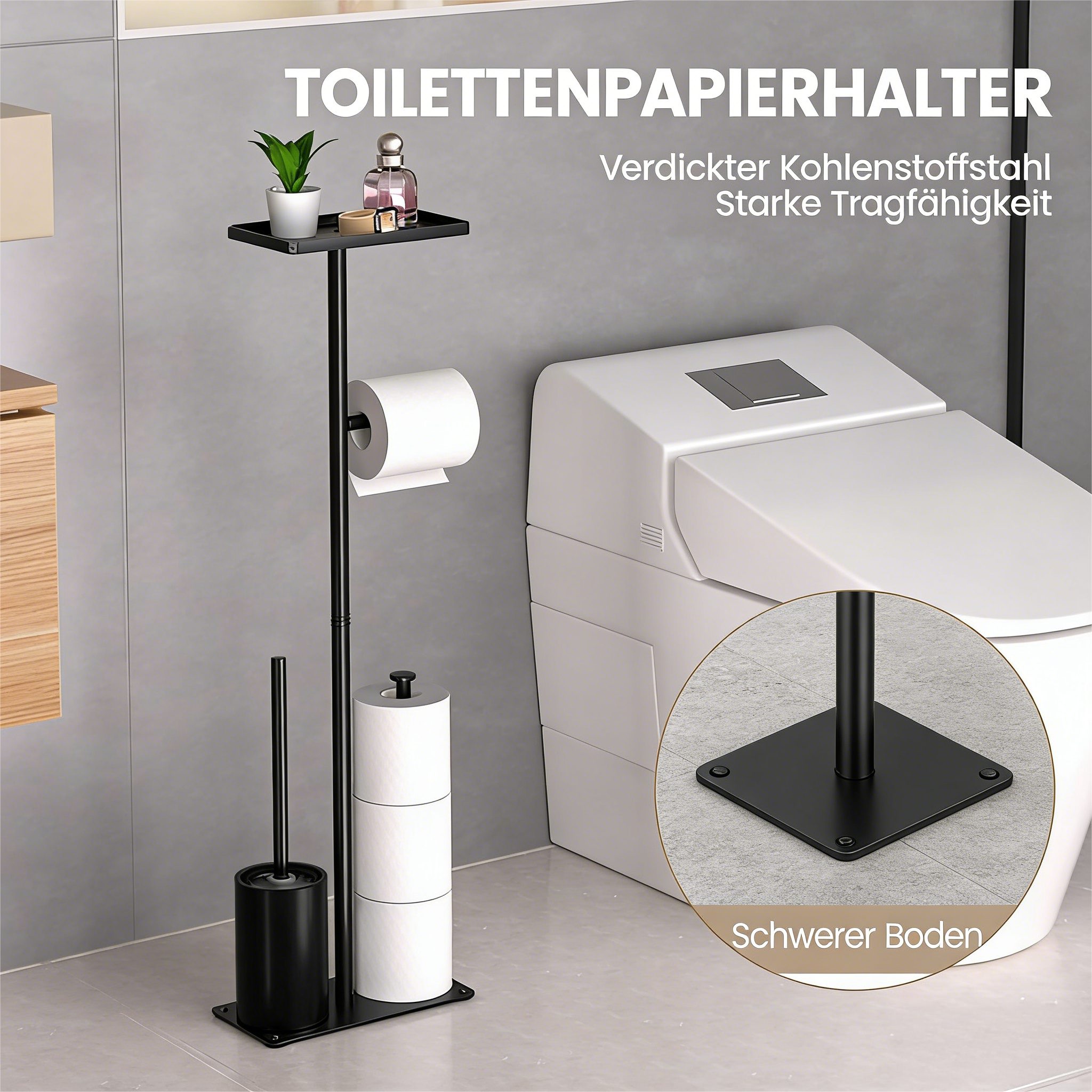 Toomoke Toilettenpapierhalter Rollenständer, Bad-Organizer, Bürstengarnitur (Ersatzrollenhalter mit Ablage, Toilettenbürste, freistehend, 4-in-1), Kompakte Toil – Bild 4 von 5