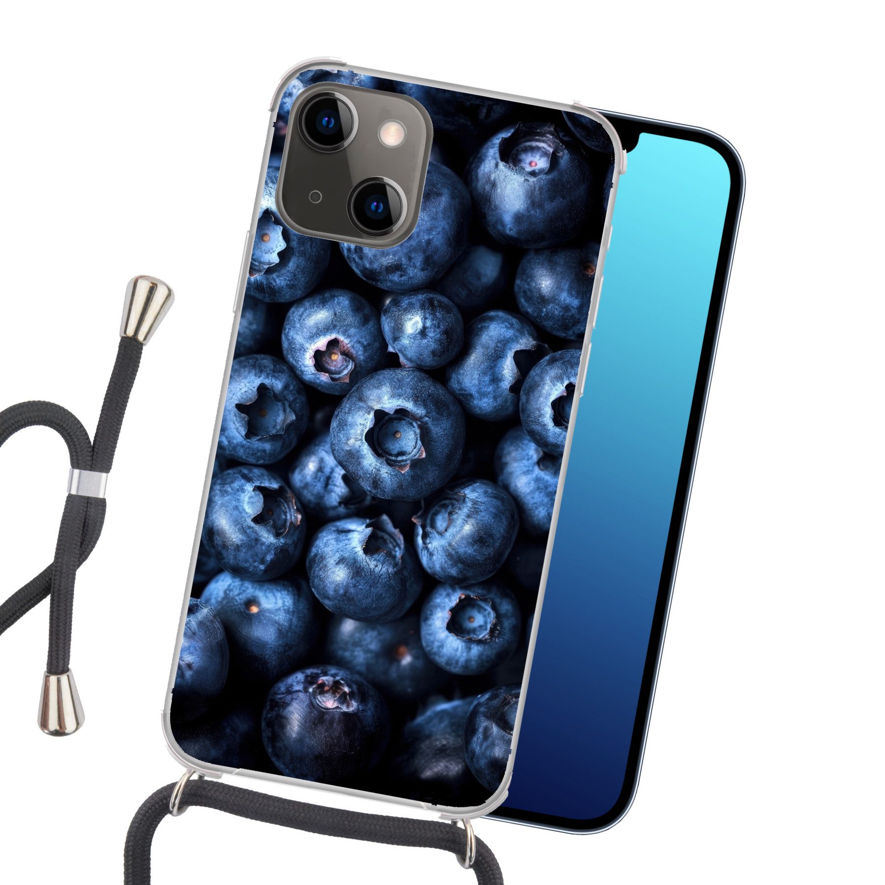 MuchoWow Handyhülle für Apple iPhone 13 Mini Beeren - Blau - Obst, Tragbare Handyhüllen mit Kette zum umhängen, Handykette Handyband