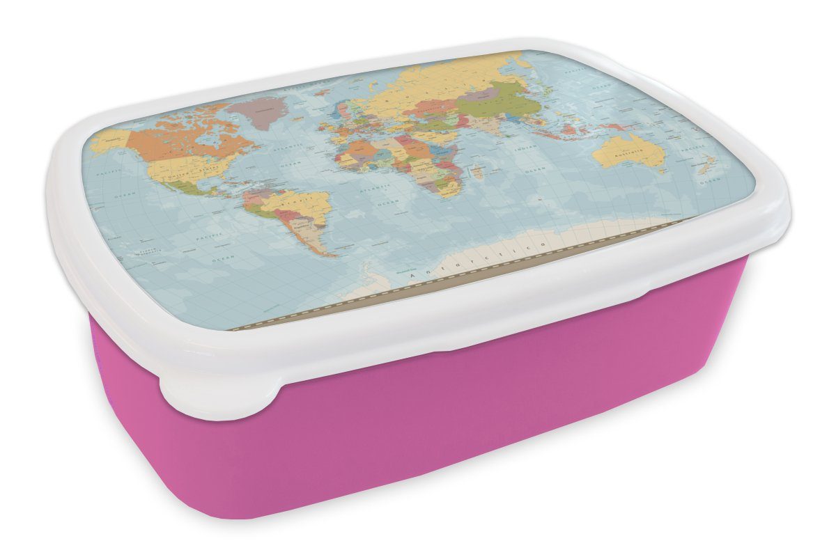 Lunchbox Snackbox, Mädchen, (2-tlg), Erwachsene, Kinder, - Brotbox rosa Atlas, für Kunststoff Brotdose Farben Weltkarte Kunststoff, MuchoWow -