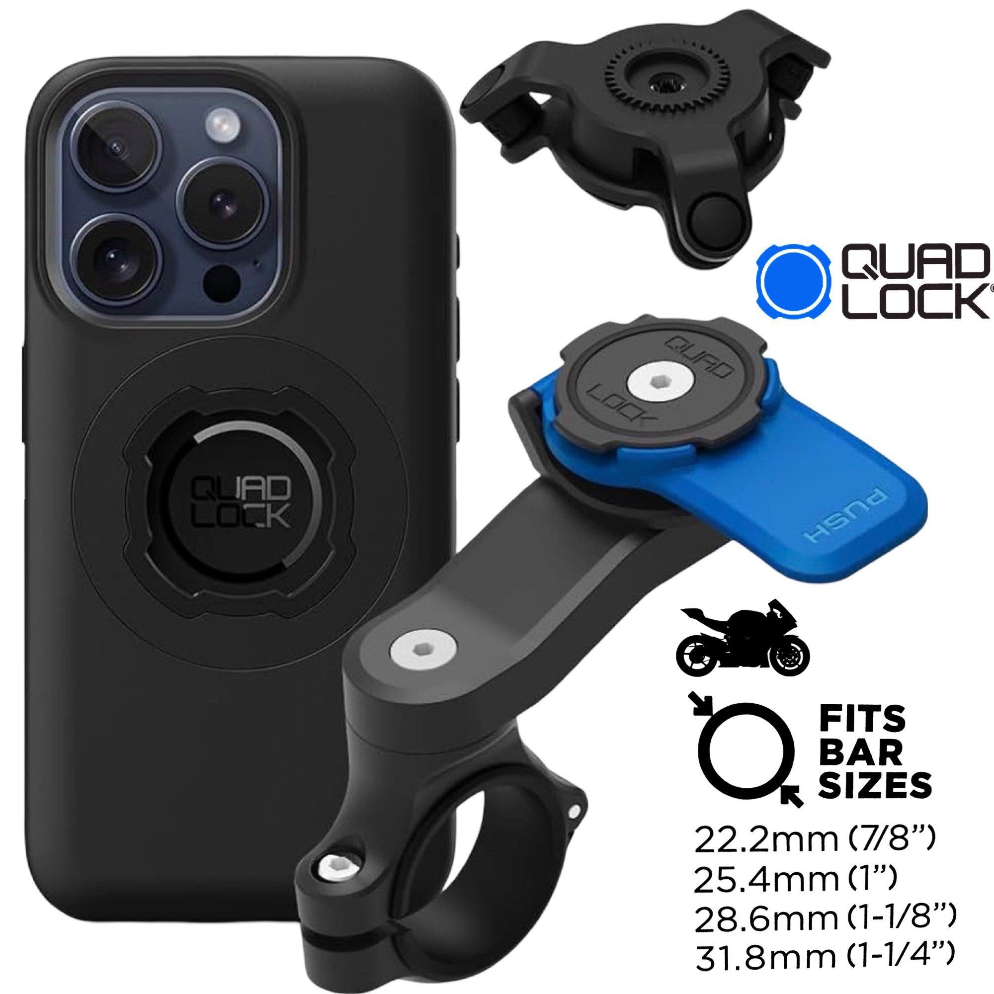 Quad Lock Handy-Halterung QUAD LOCK Motorrad Lenker Handyhalterung + Dämpfer+ MAG Hülle Iphone