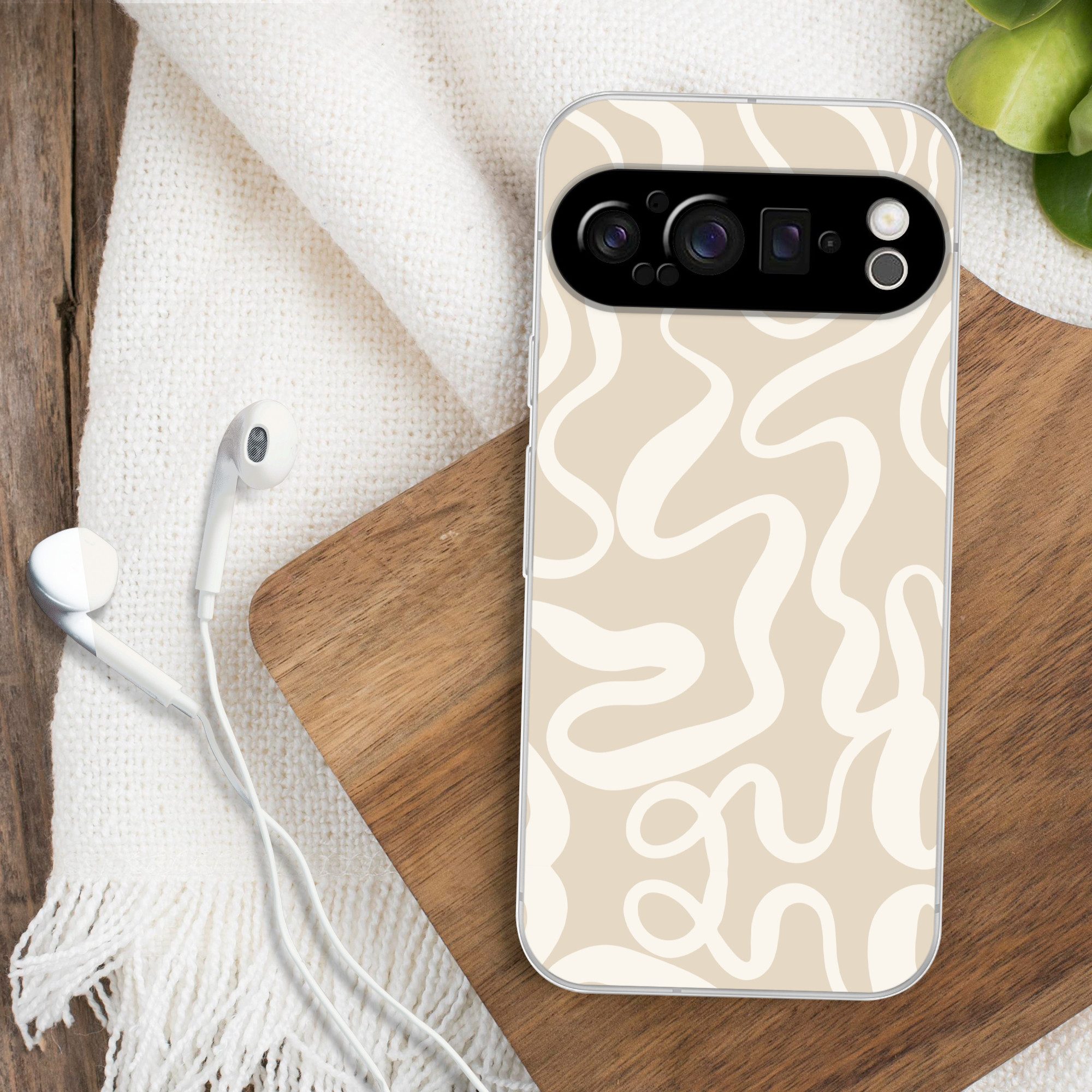 MuchoWow Handyhülle für Google Pixel 9 Pro Linien - Abstrakt - Beige - Weiß - Minimalistis, Phone Case, Silikon, Schutzhülle Dünn