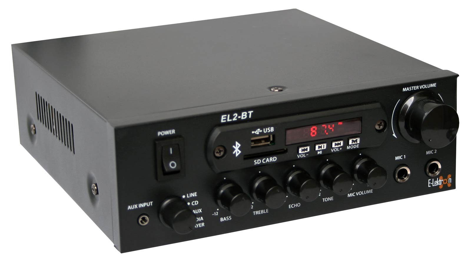 E-Lektron EL2-BT Audioverstärker (Anzahl Kanäle: 2, 25,00 W, Class-D, FM-Radio, Bluetooth-Empfänger, USB/SD, Karaoke-fähig)