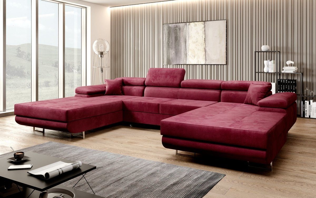 Luxusbetten24 Sofa Calvera U, mit Schlaf- und Klapptfunktion Bordeaux