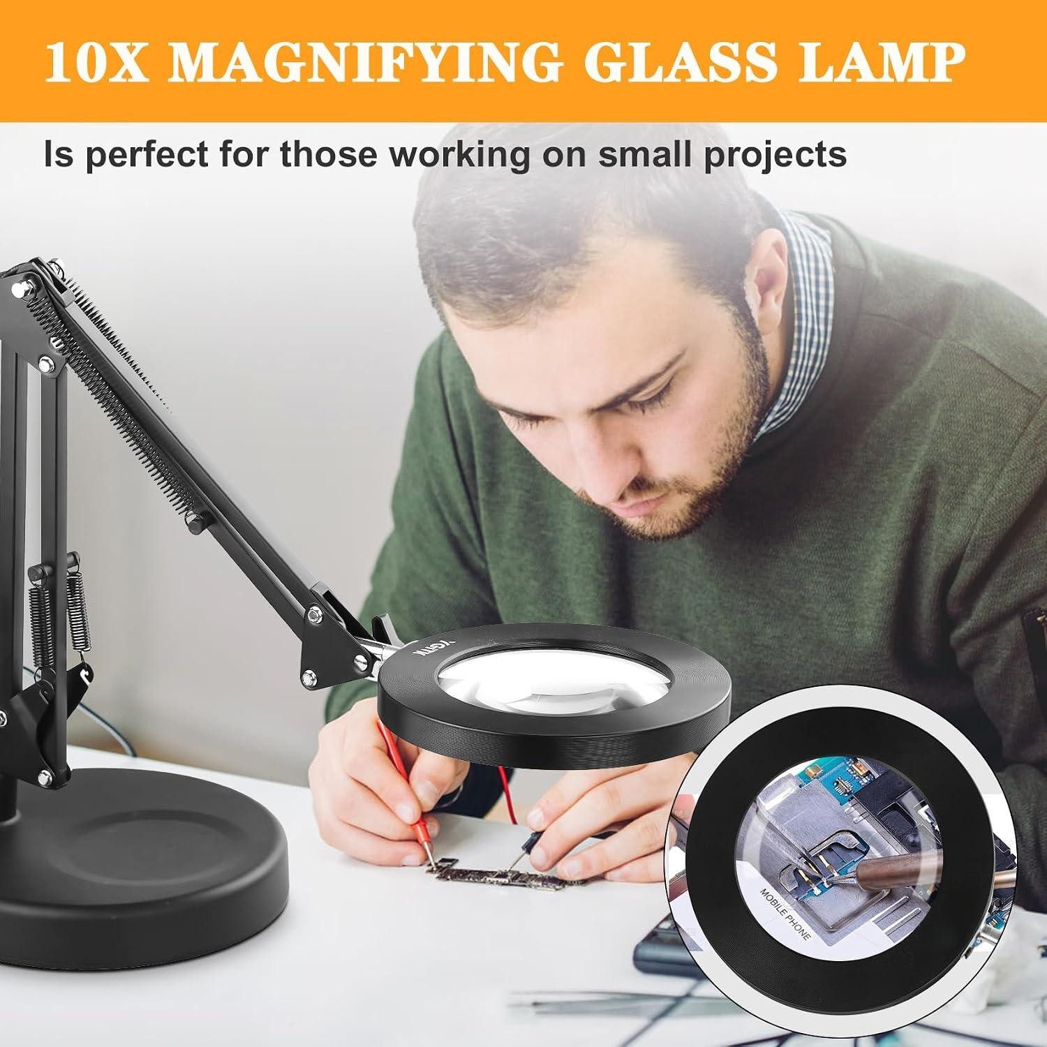 ibettertec LED Leselampe 10X LED Lupenleuchte Klemmbar Arbeitsplatzlampe Lupe mit Ständer, 2800-6500K, für Arbeit, Lesen,Nähen,Basteln,Senioren, Kaltweiß & Warm – Bild 4 von 5