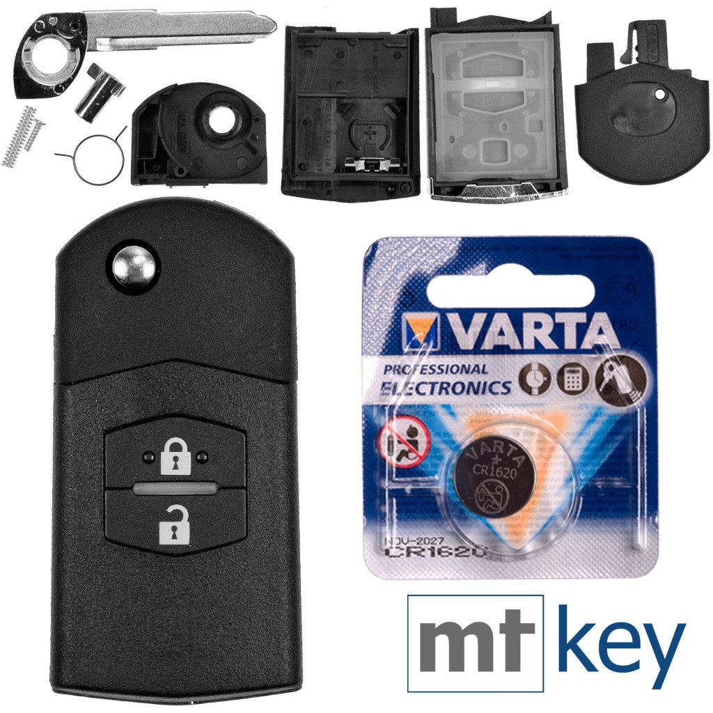 mt-key Auto Klapp Schlüssel Ersatz Gehäuse 2 Tasten + Rohling + VARTA CR1620 Knopfzelle, CR1620 (3 V), für Mazda 5 CW 2 DE 3 BK 6 SW BT-50 CX-9 CX-7 Funk Fernbedienung