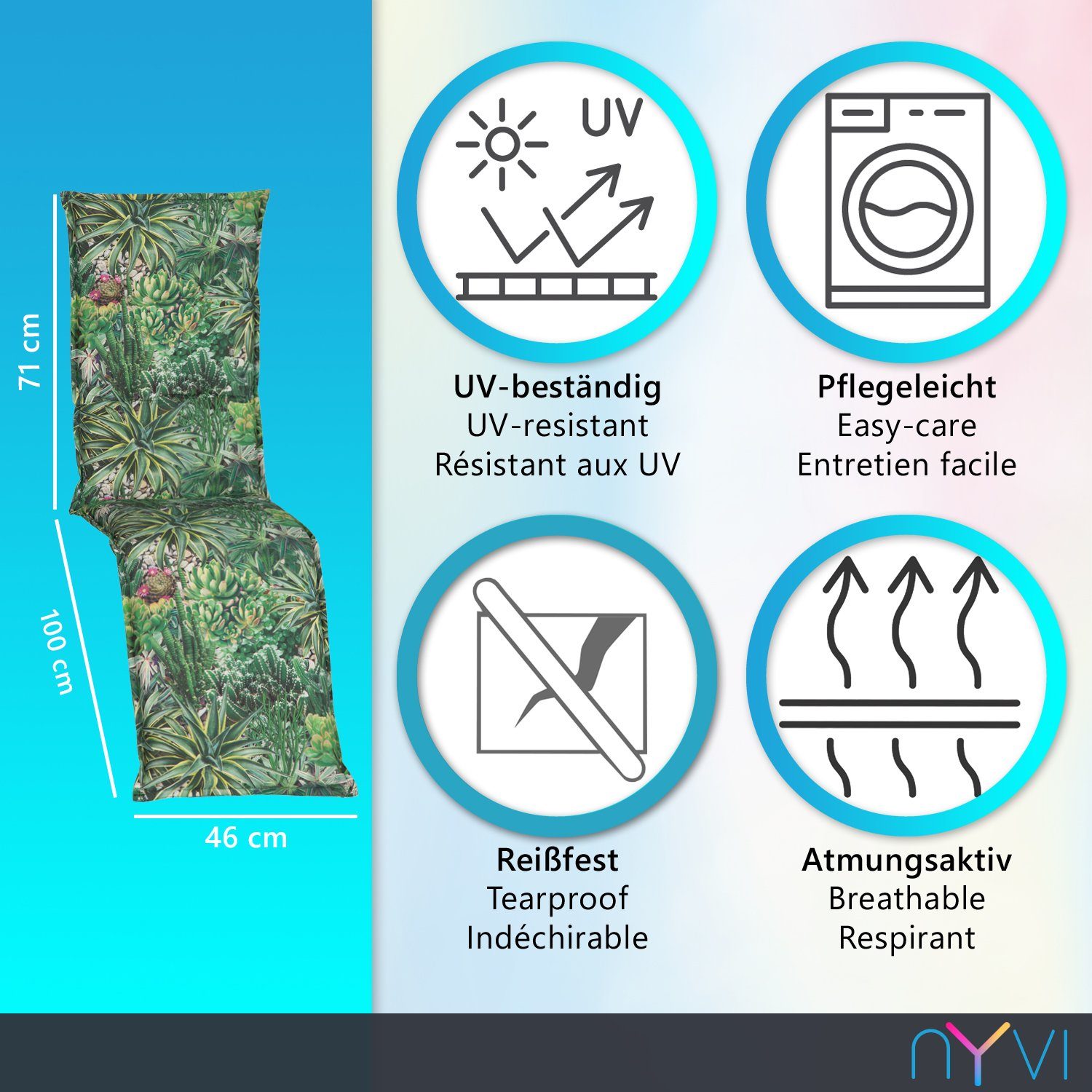 Polster UV-Fest, Befestigungsband, Atmungsaktiv Kaktuslandschaft Relaxliege, Relaxliegenauflage (1 Relaxsessel, mit Auflage 171x46cm Piemont 8cm NYVI Auflage St), für Sesselauflage