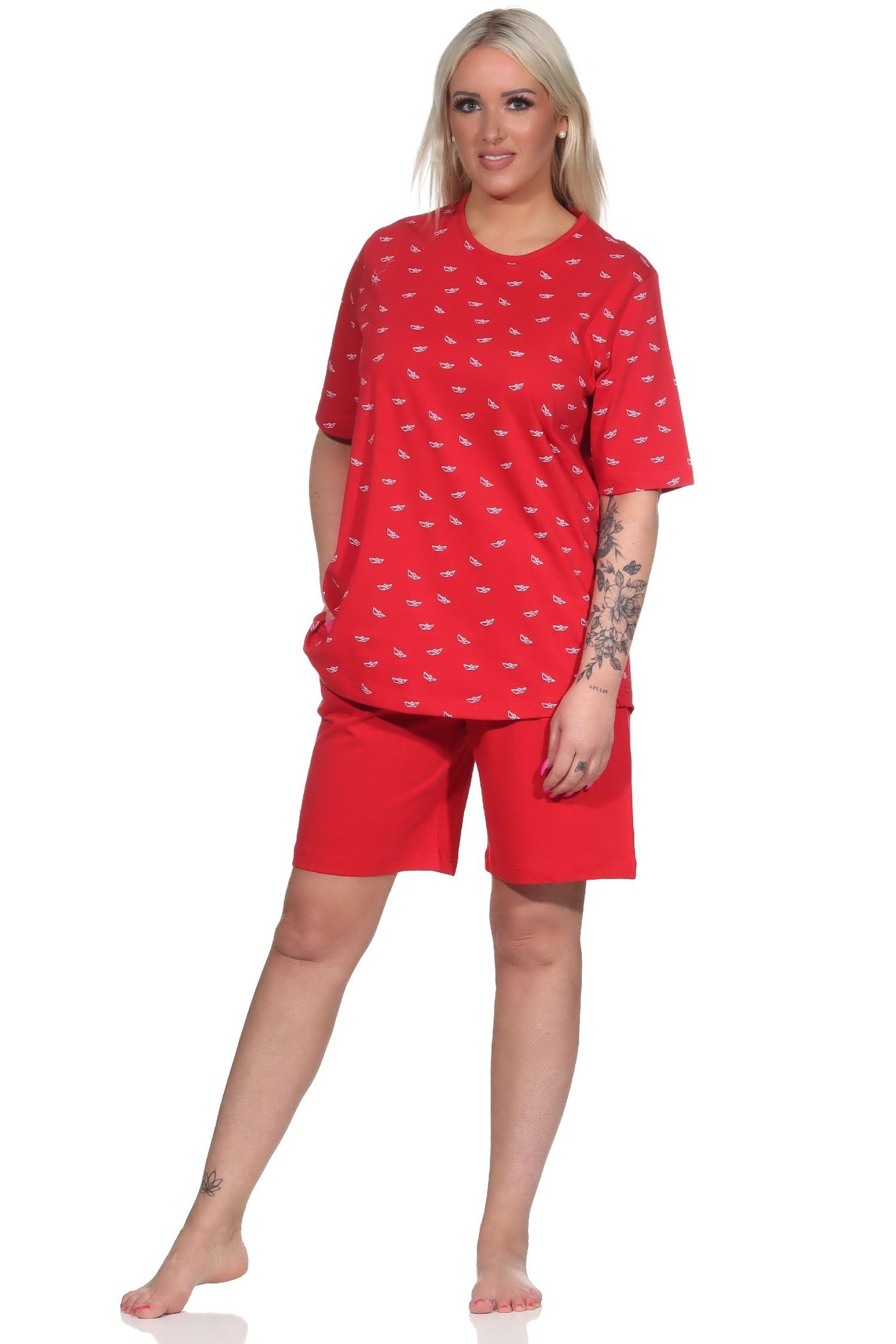 kurzarm Pyjama Normann in Damen Pyjama Schlafanzug Shorty Optik rot maritimer