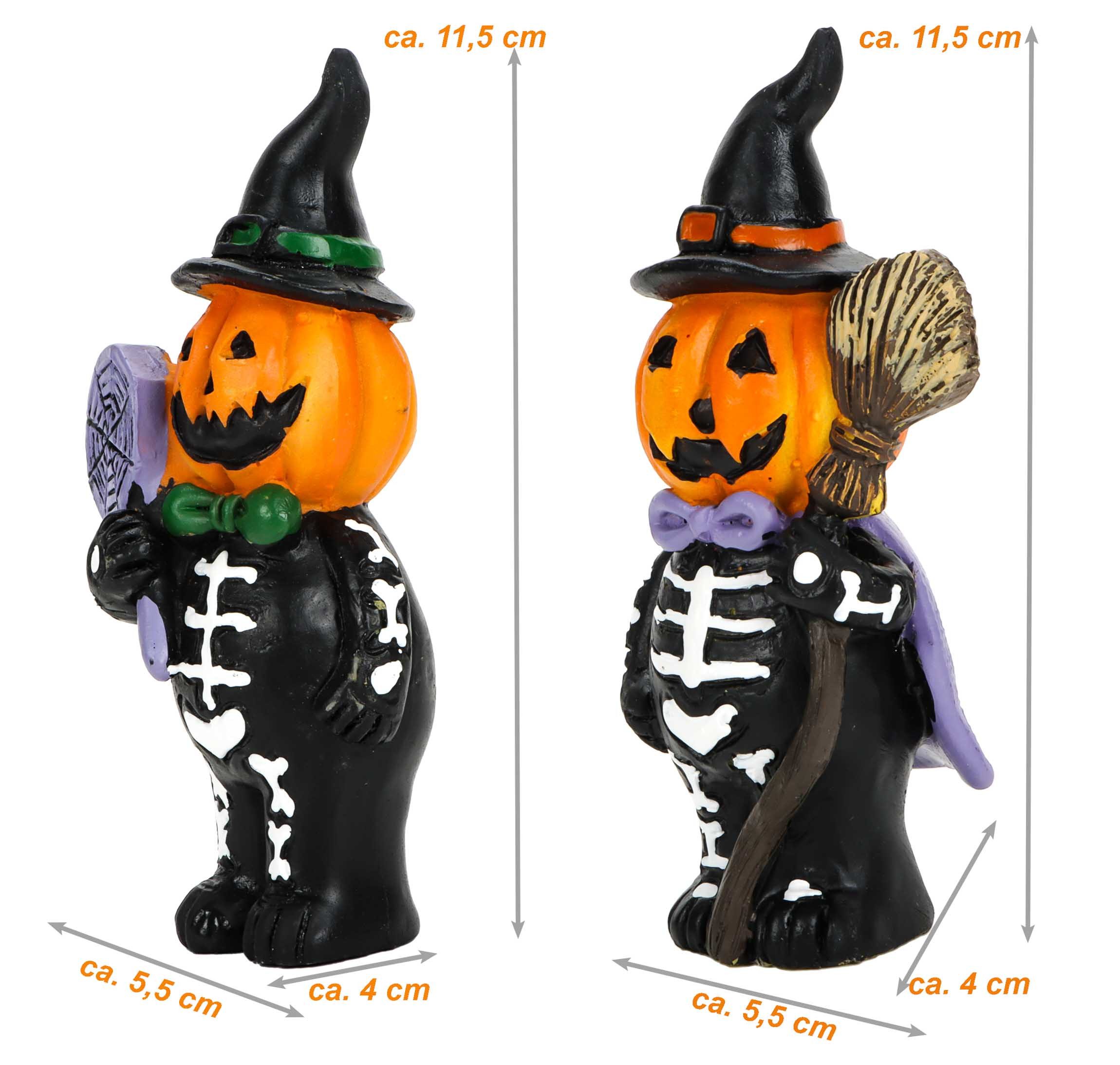 Wurm Dekofigur Halloween Figur handbemalt (2 St., Dekofigur Kürbis Skelett), Kürbis mit schwarz/weißem Skelett-Anzug