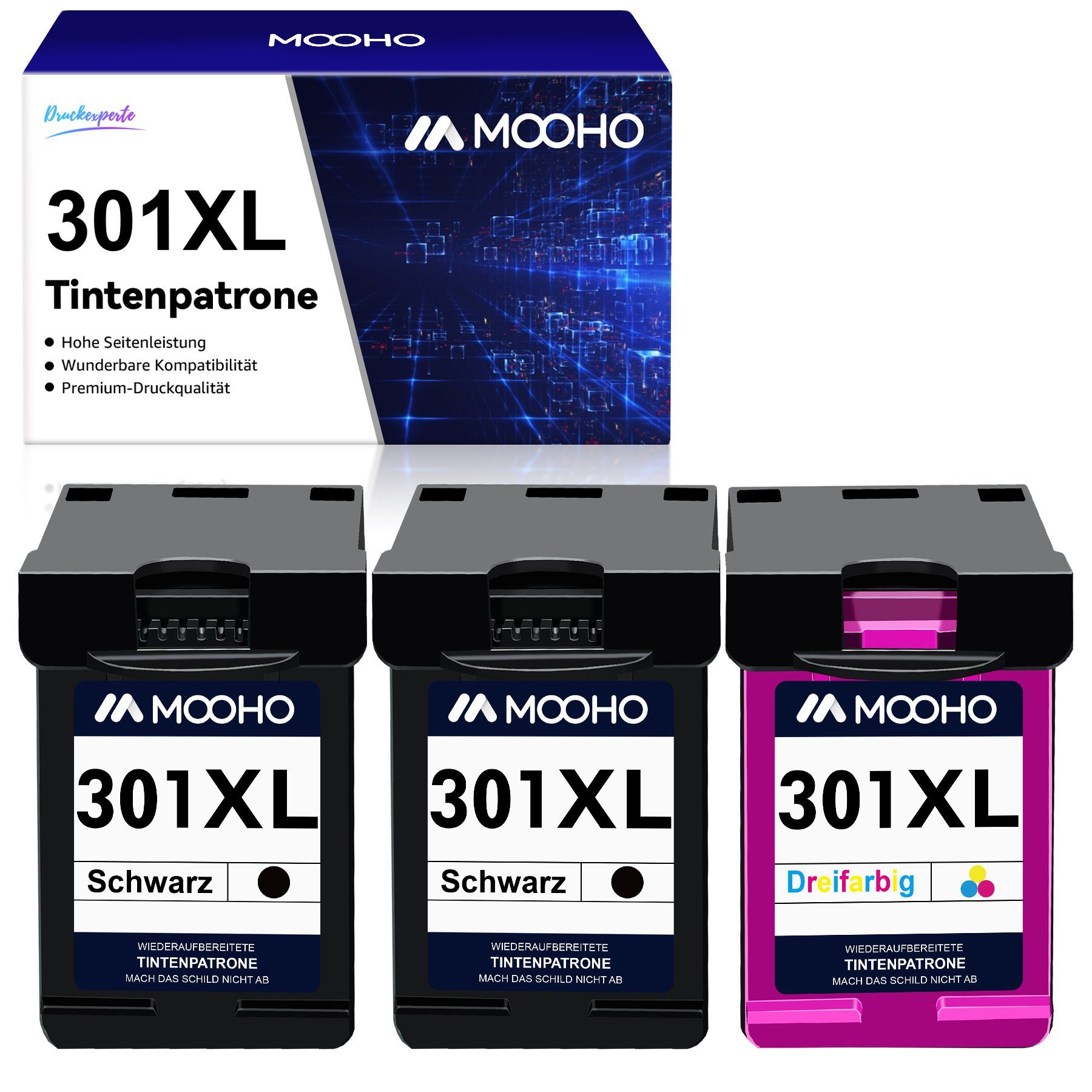MOOHO Kompatible für 301XL 301 XL HP Envy 4500 Tintenpatrone 2*Schwarz+1*Dreifarbig(3er-pack)