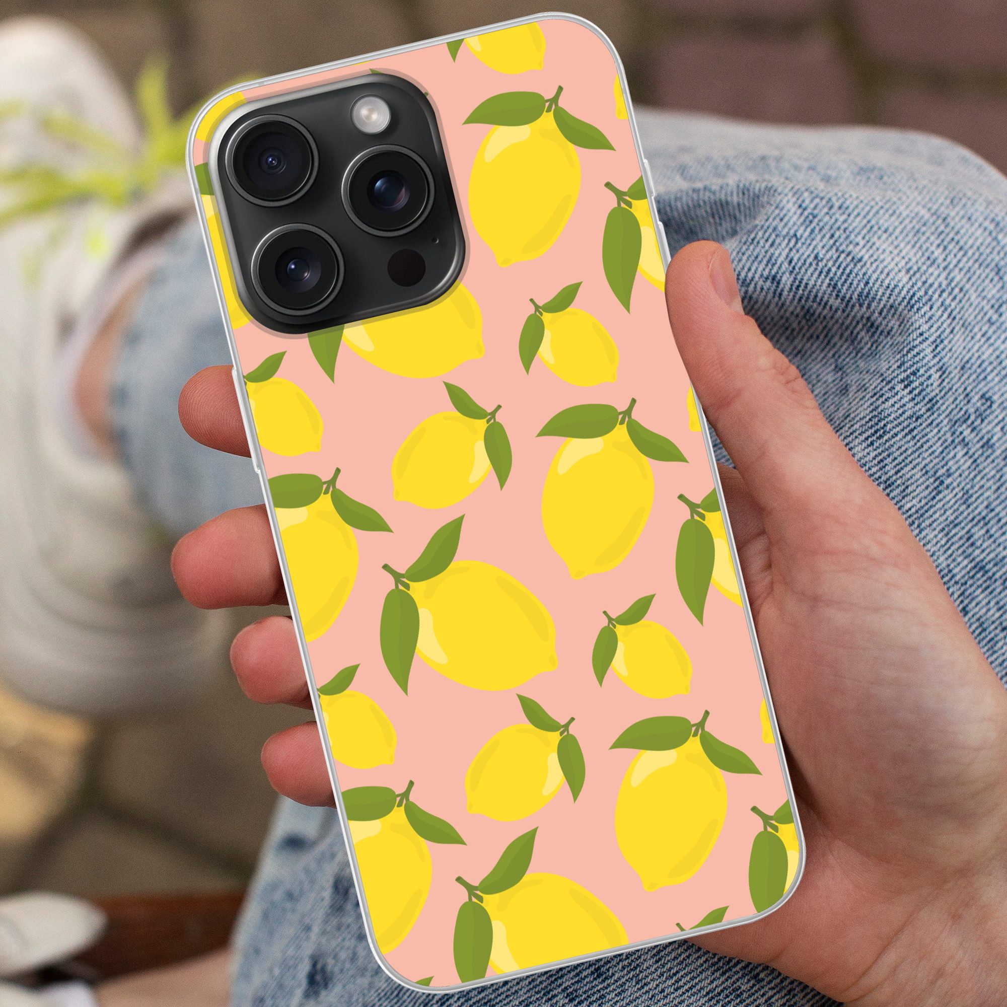 MuchoWow Handyhülle für Apple iPhone 15 Pro Max Zitronen - Gelb - Rosa - Muster - Obst, Smartphone-Bumper, Print, Handy Schutzhülle Dünn