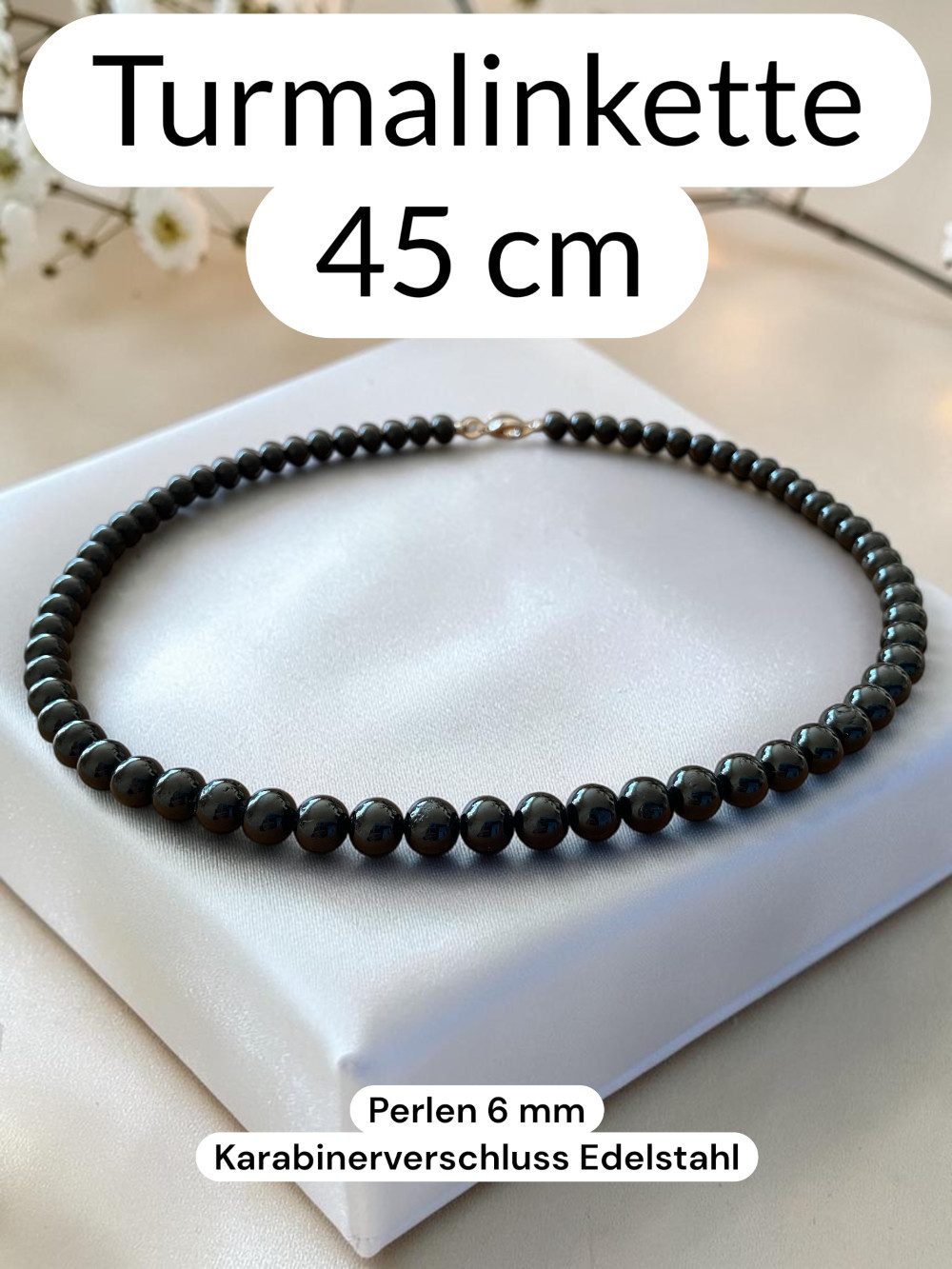Steinfixx® Perlenkette Turmalin (Schörl) Durchmesser 6mm, handgefertigt, in Geschenkbox (Länge 45cm, 1-tlg., beliebter Edelstein), AAA-Qualität aus Brasilien