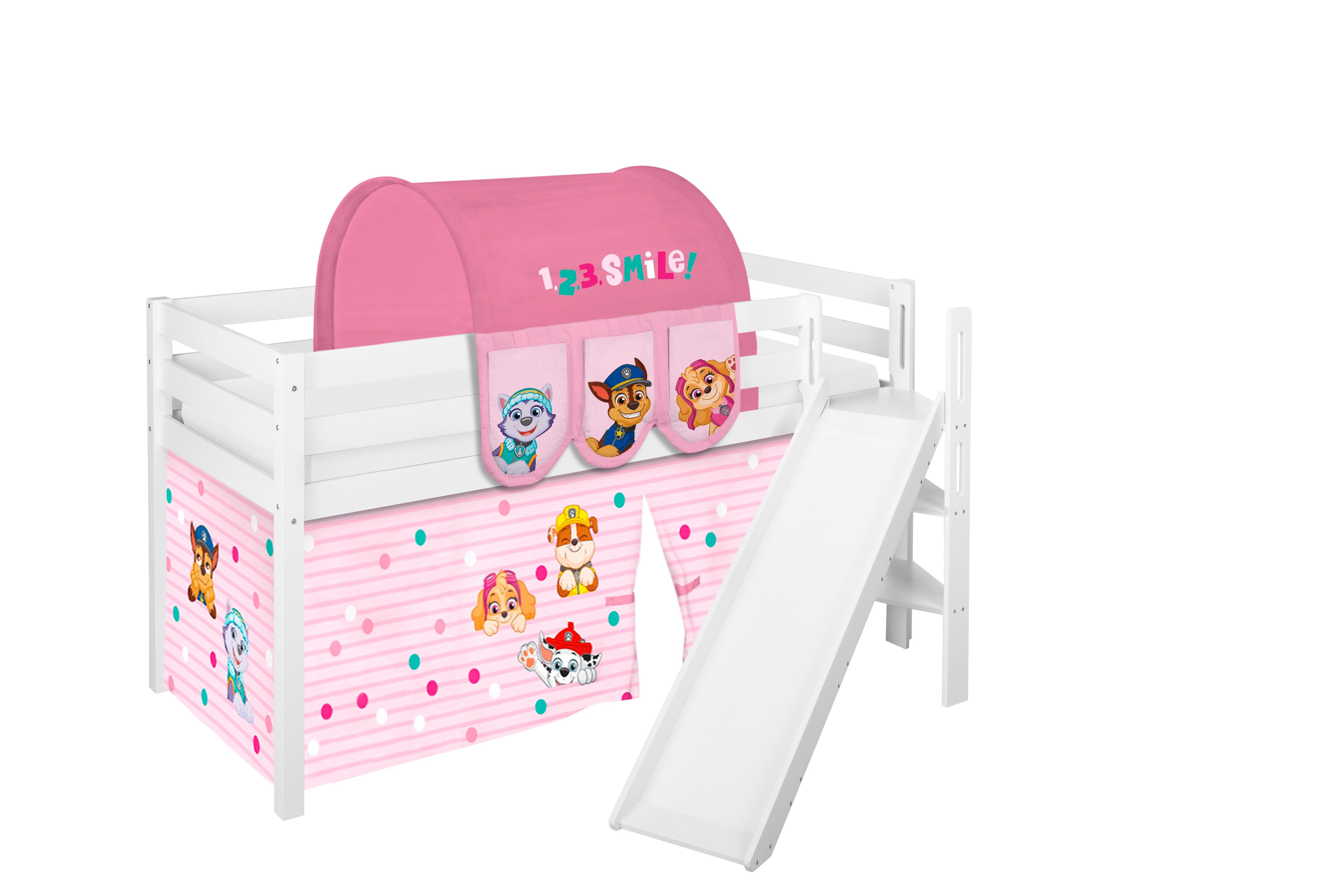 Lilokids Kinderbett Hochbett JELLE mit schräger Rutsche & Vorhang PAW PATROL ROSA Spielbett 190x90cm