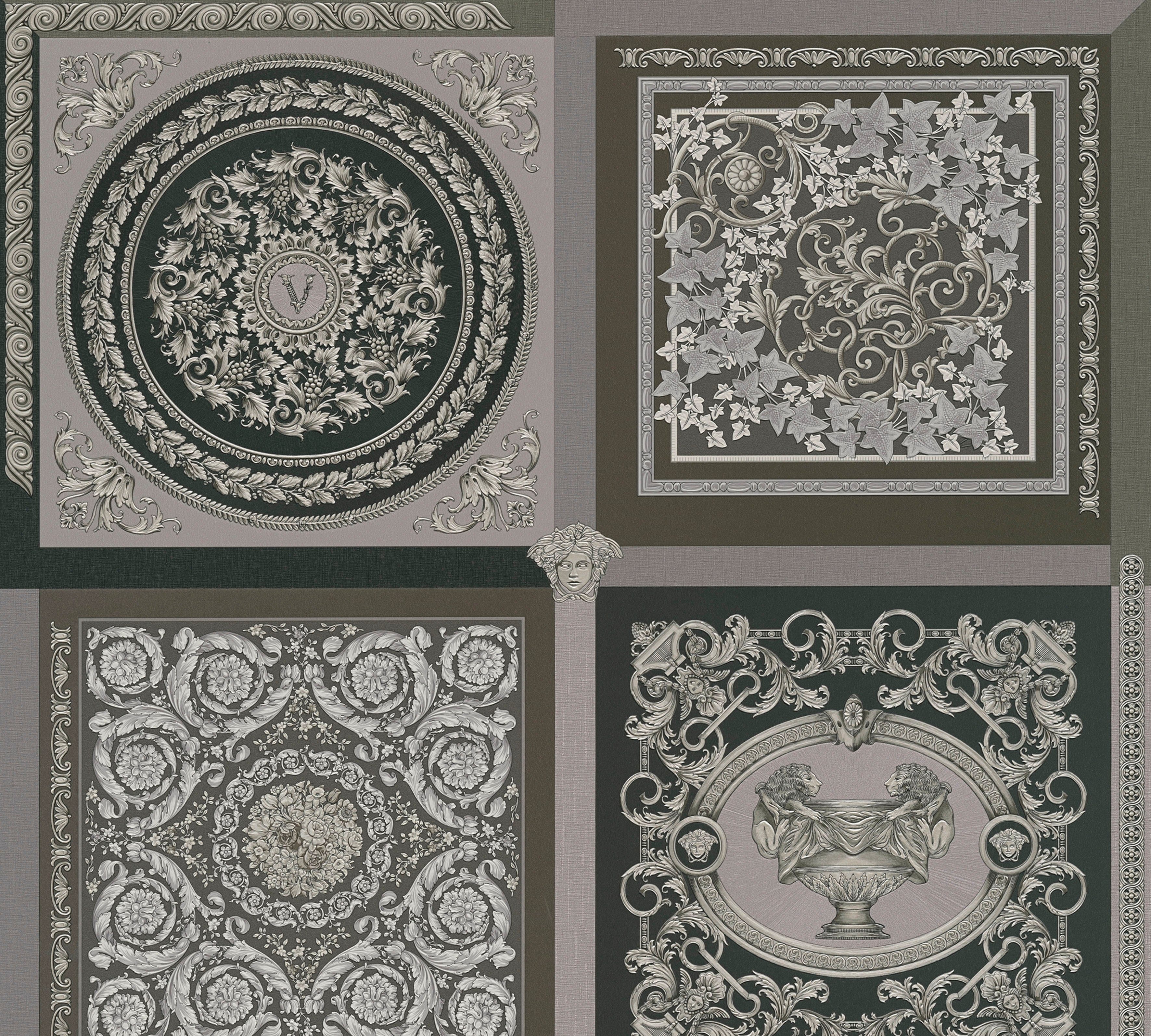 Versace Vliestapete Wallpaper Versace 5 Design Patchwork, leicht strukturiert, leicht glänzend, (1 St), auffallende Fliesen-Tapete silberfarben/schwarz/grau