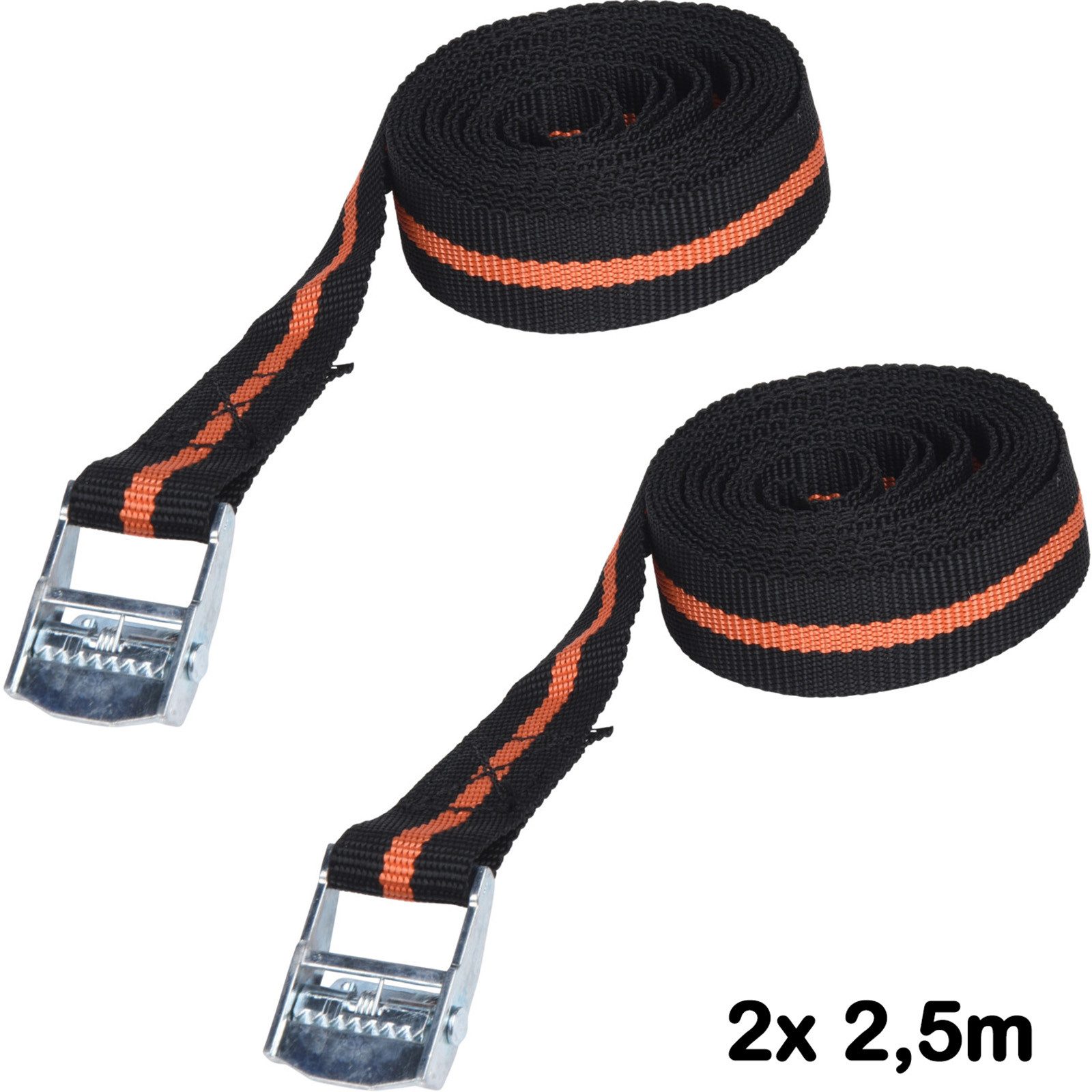 Koopman Spanngurt Sicherungsgurt Zurrgurt Klemmschloss Befestigungsgurt (2-St) 2x250cm, Schwarz / Orange, Klemmverschluss, Polyester