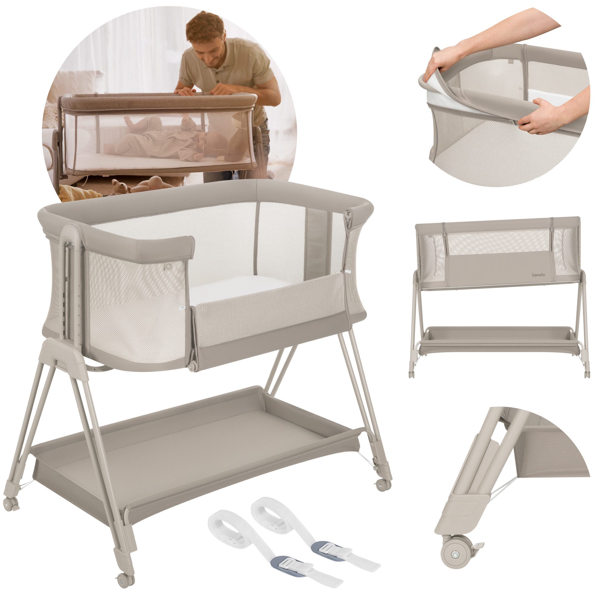 lionelo Reisebett LUNA (Set, 2-in-1-Bettchen mit Matratze und Befestigungsgurten) 2-in-1/7 Höhen/Mesh-Seiten/Korb/4 Rollen mit Bremse/Gurte