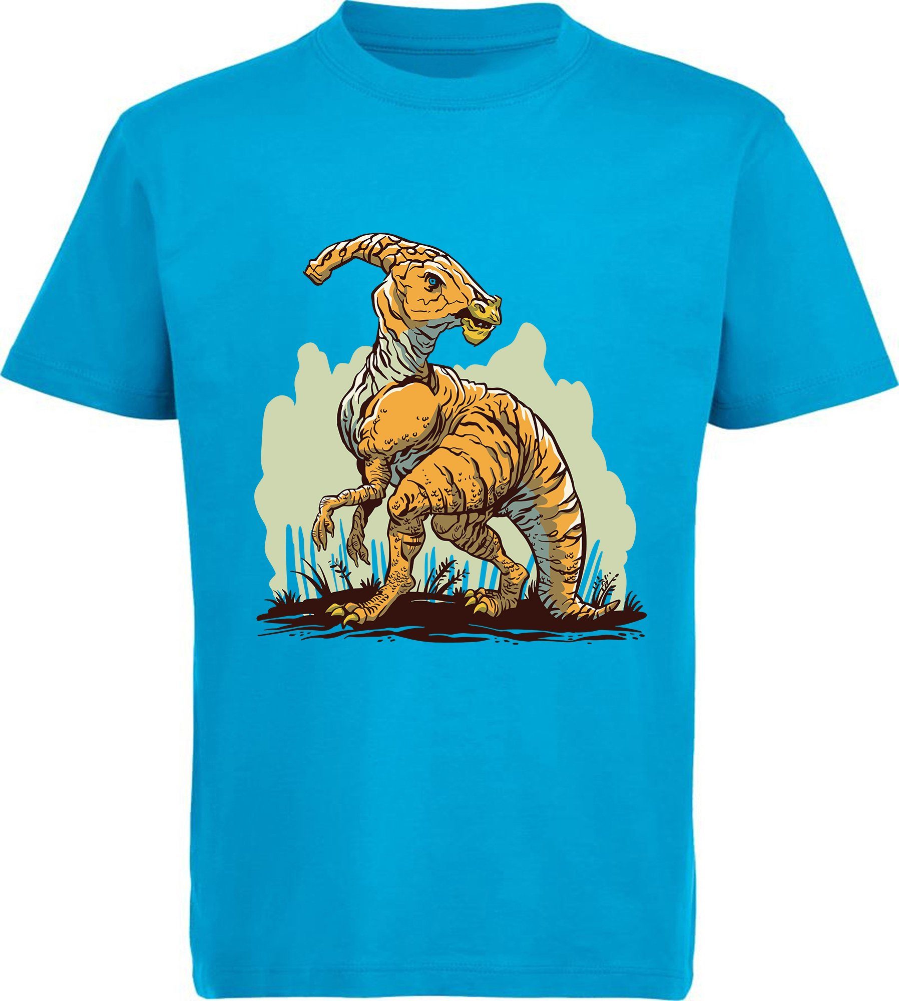 MyDesign24 Print-Shirt bedrucktes Kinder T-Shirt Parasaurolophus Baumwollshirt mit Dino, schwarz, weiß, rot, blau, i99 aqua blau
