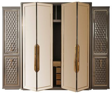 Casa Padrino Kleiderschrank Casa Padrino Luxus Art Deco Schlafzimmerschrank Grau / Gold 280 x 60 x H. 229 cm - Verspiegelter Kleiderschrank mit 4 Türen - Schlafzimmer Möbel - Art Deco Möbel - Luxus Möbel - Luxus Einrichtung