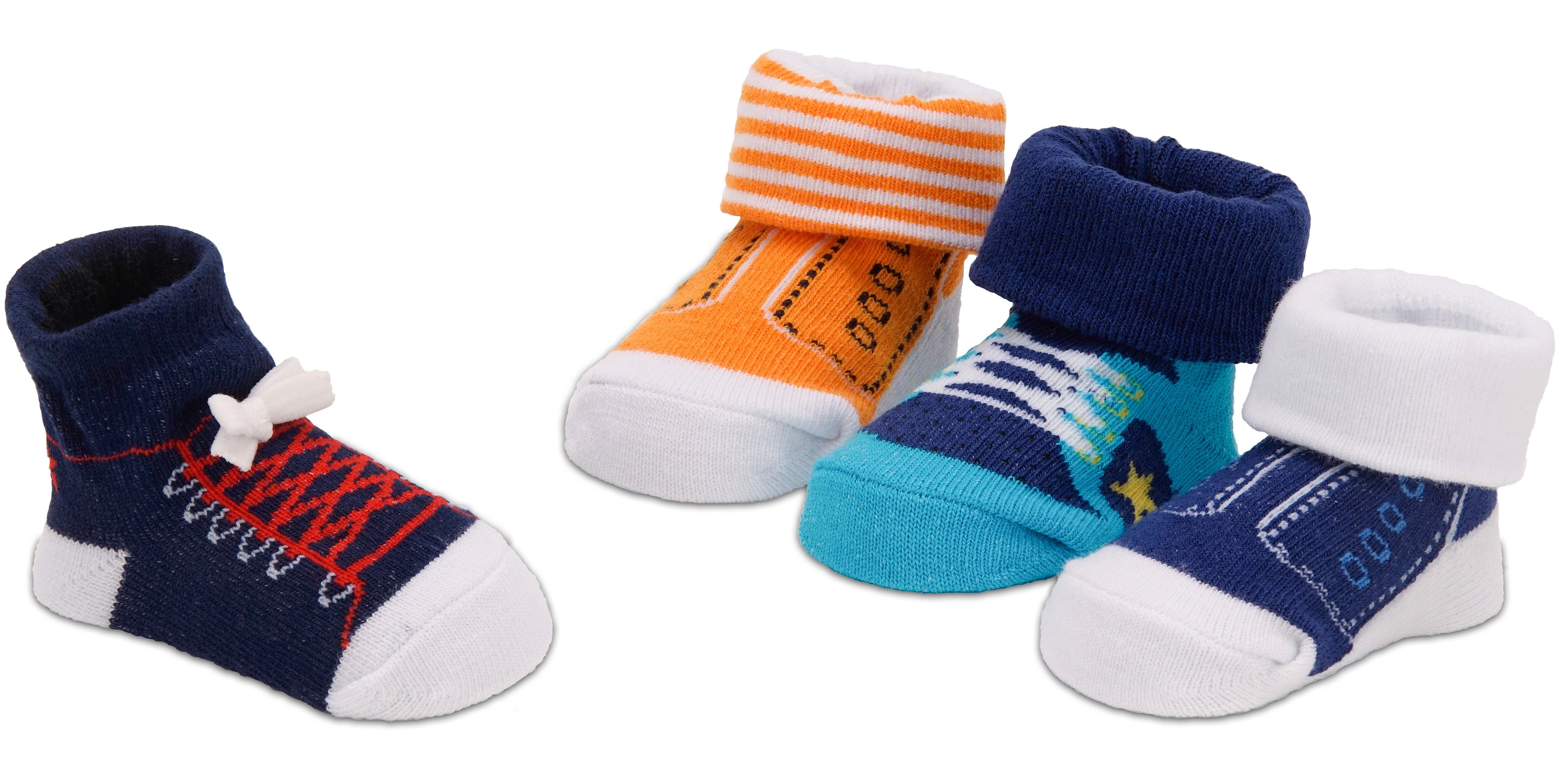 BRUBAKER Socken Babysocken für Jungen und Mädchen 0-12 Monate (4-Paar, Baumwollsocken im Sneaker Style) Turnschuh Design, Baby Geschenkset in Geschenkverpackung – Bild 2 von 5