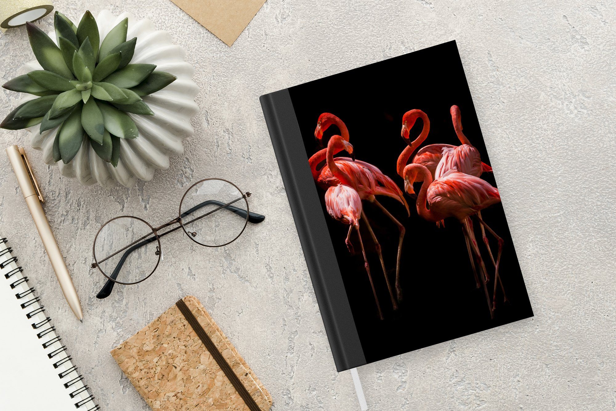 Federn - Schwarz, Notizheft, Tagebuch, 98 Haushaltsbuch Flamingos Notizbuch MuchoWow - A5, Seiten, Vögel - Journal, Merkzettel,