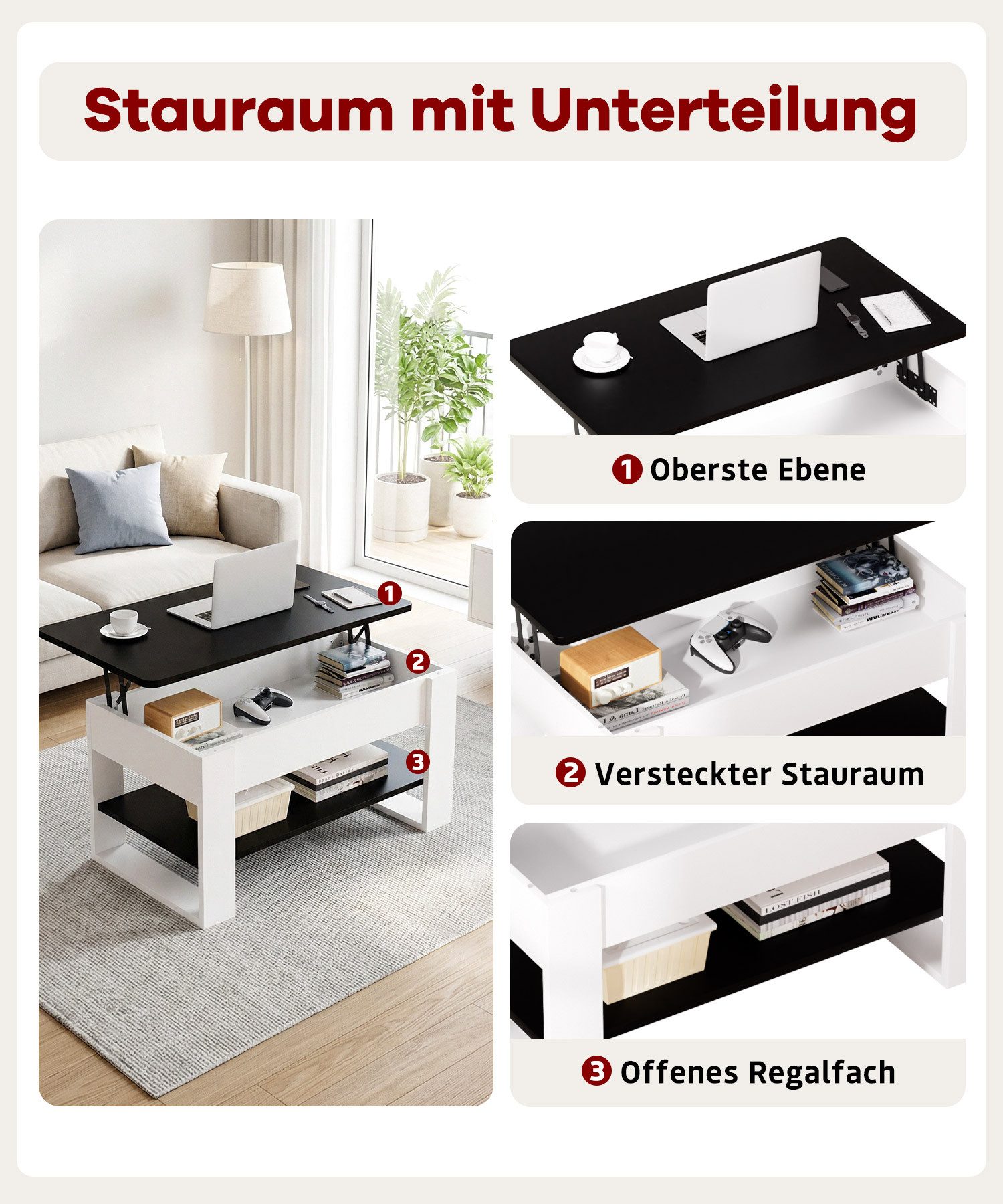 Yorbay Couchtisch Höhenverstellbar 46-60cm mit Gasfeder & verstecktem Fach, Sofatisch mit Stauraum, Wohnzimmertisch, stabil bis 80kg – Bild 4 von 5