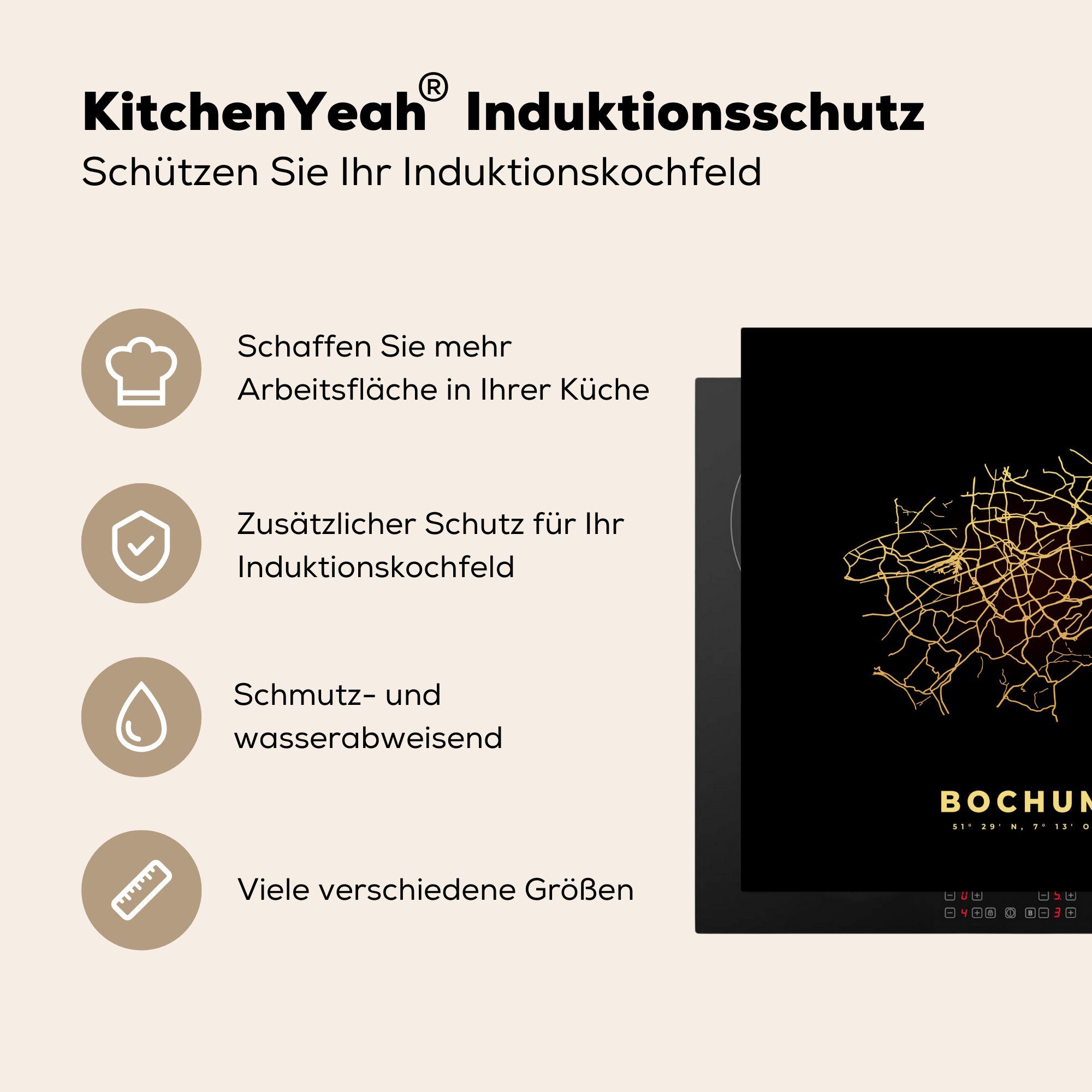 (1 Ceranfeldabdeckung, cm, - tlg), Stadtplan, Gold Arbeitsplatte Karte Herdblende-/Abdeckplatte 78x78 für MuchoWow Bochum küche - - Vinyl,