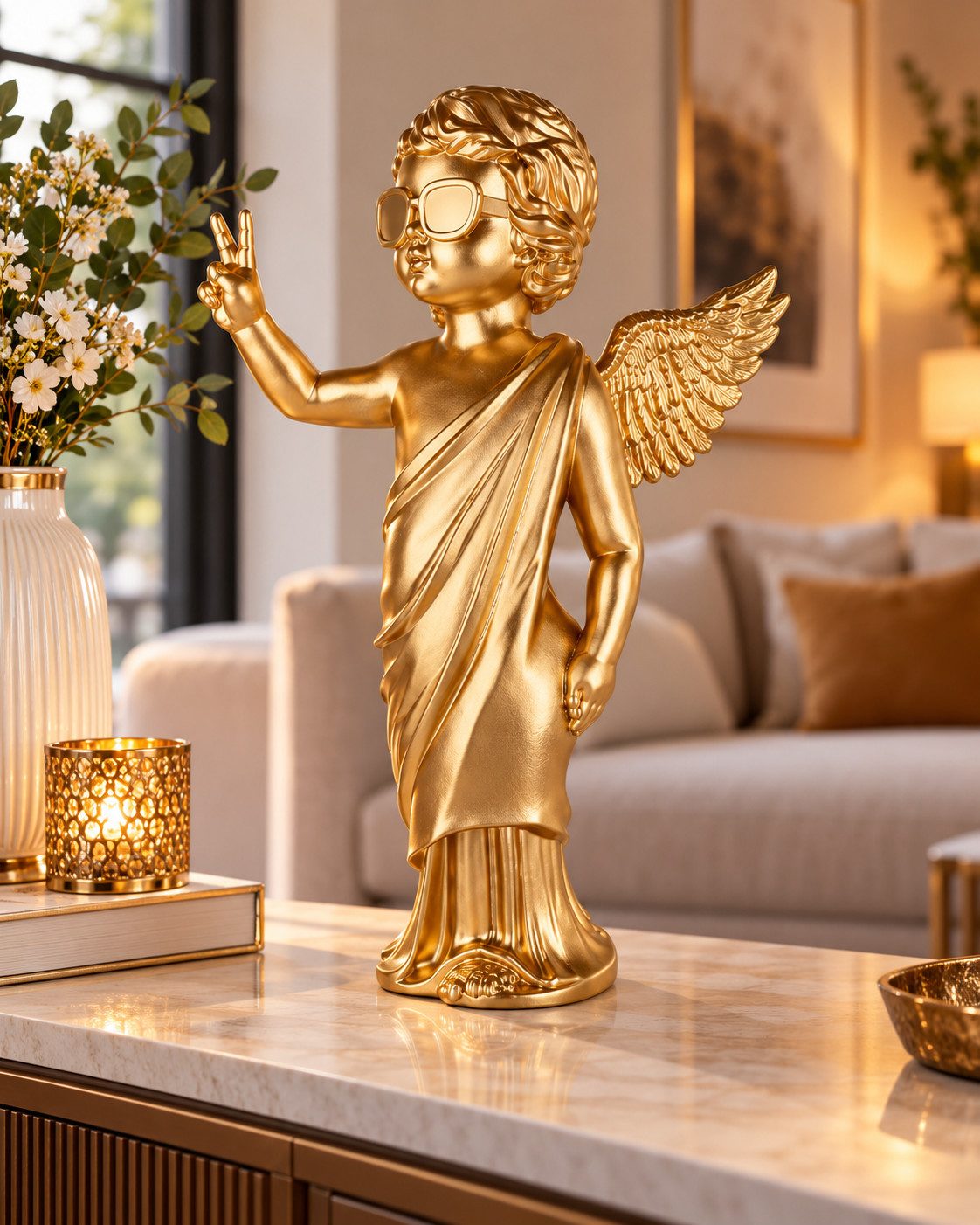 MF Skulptur Dekofigur Engel Gloria goldfarben mit Sonnenbrille 50 cm (1 St)