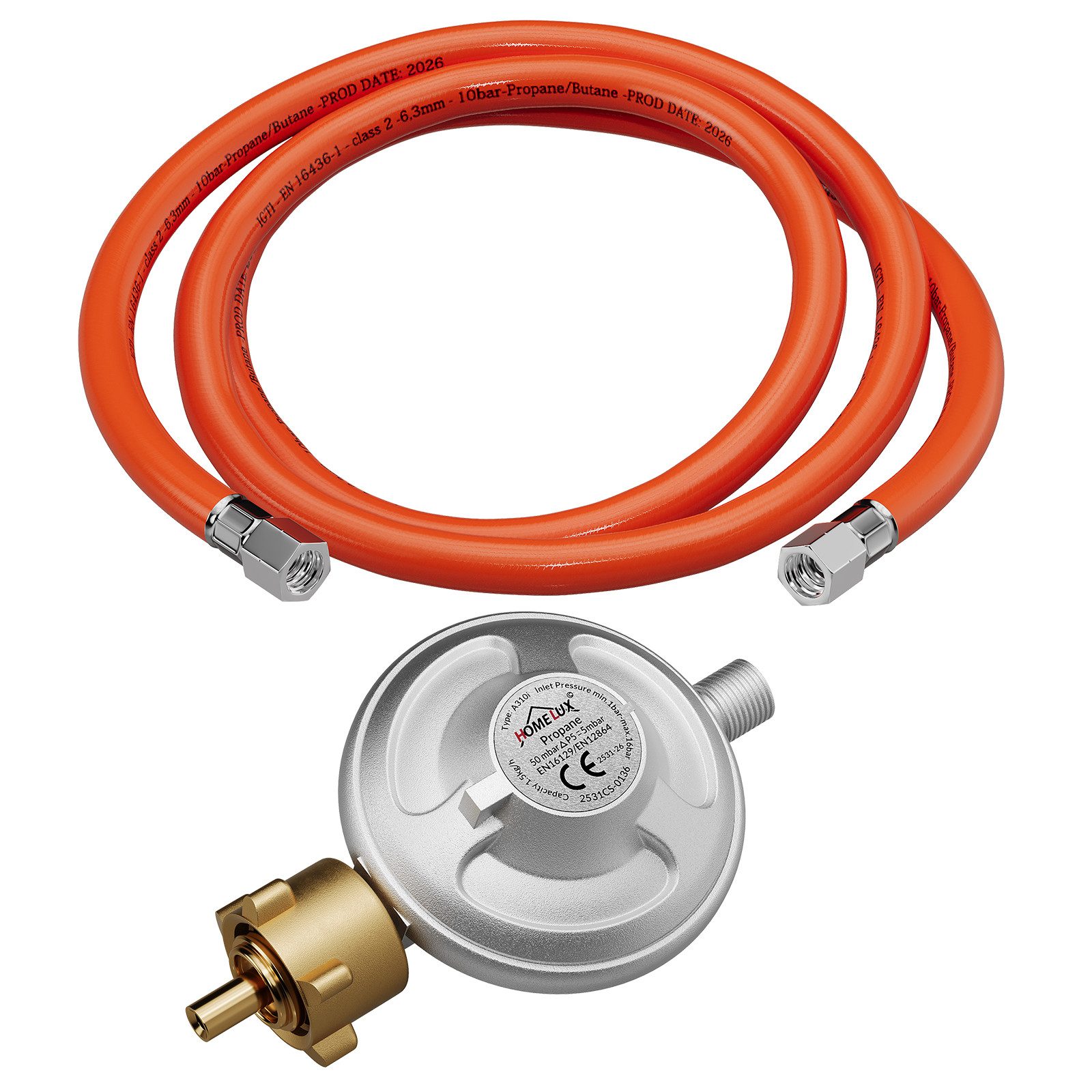 HOMELUX Druckregler 50 mbar Gasregler mit 1,5m Gas Schlauch, 50 mbar, (Set, 1-St., Allgemeine Konfiguration), Kartusche auf Gasflasche für Gasgrills- Kocher und weitere Geräte