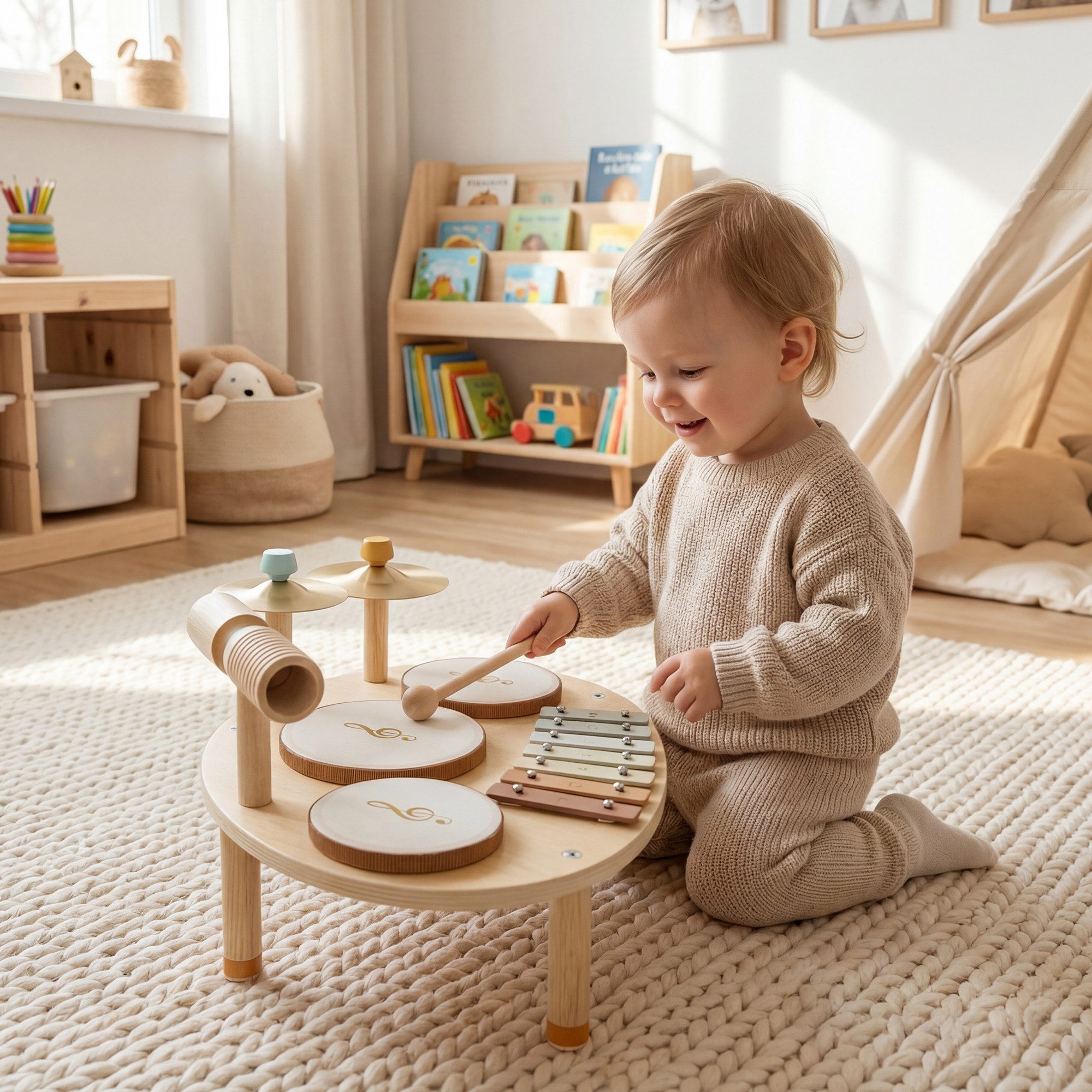 AIYAPLAY Kinderschlagzeug 4-in-1 Montessori Musikinstrumente Set,Schlagwerk für Kinder, 6-St., Sensorisches Lernspielzeug, für Kinder ab 2 Jahre Naturholz