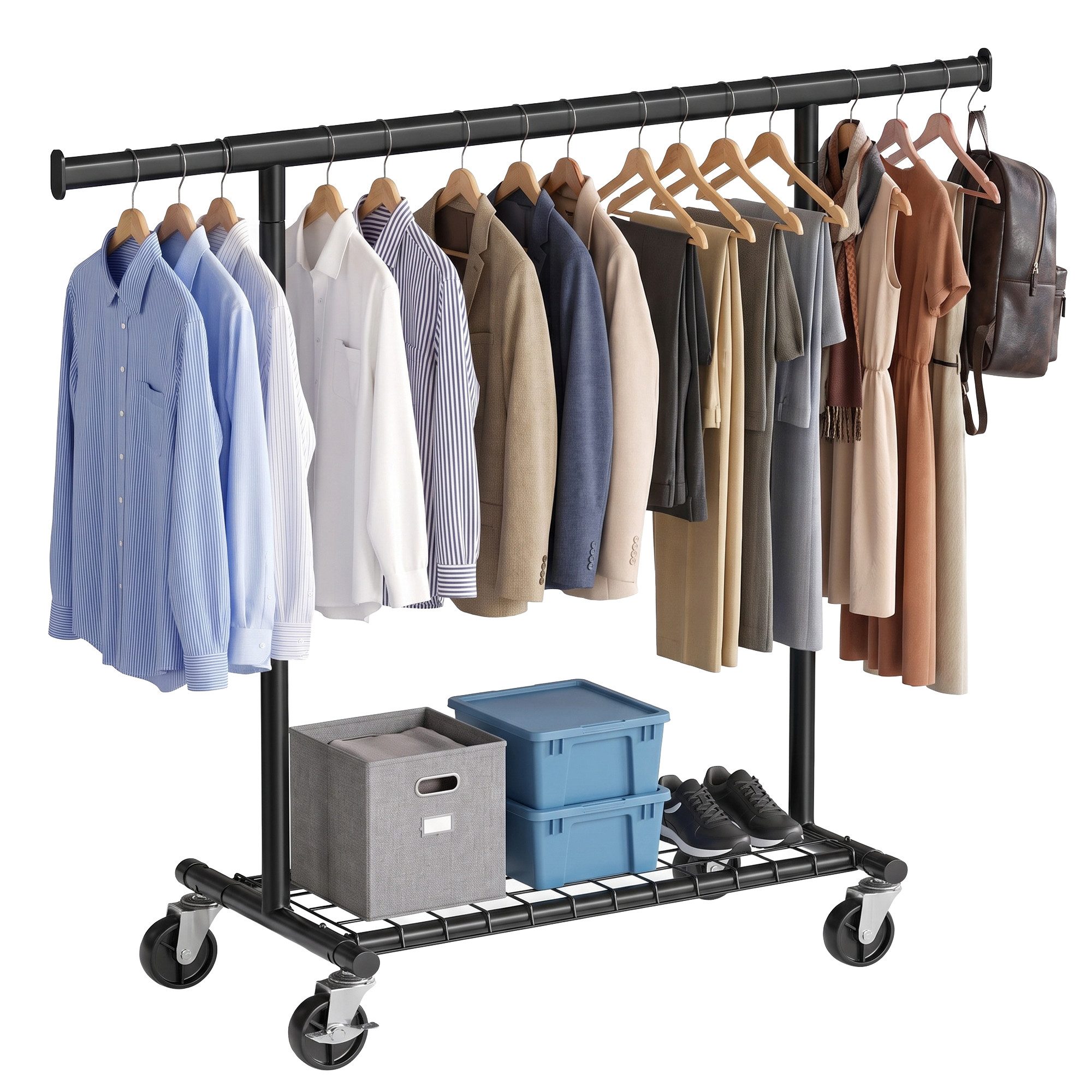SONGMICS Kleiderständer Schwerlast Kleiderständer auf Rollen Ausziehbare Kleiderstange, bis 180 kg mit Ablage 92-132 x 45 x 161,5 cm