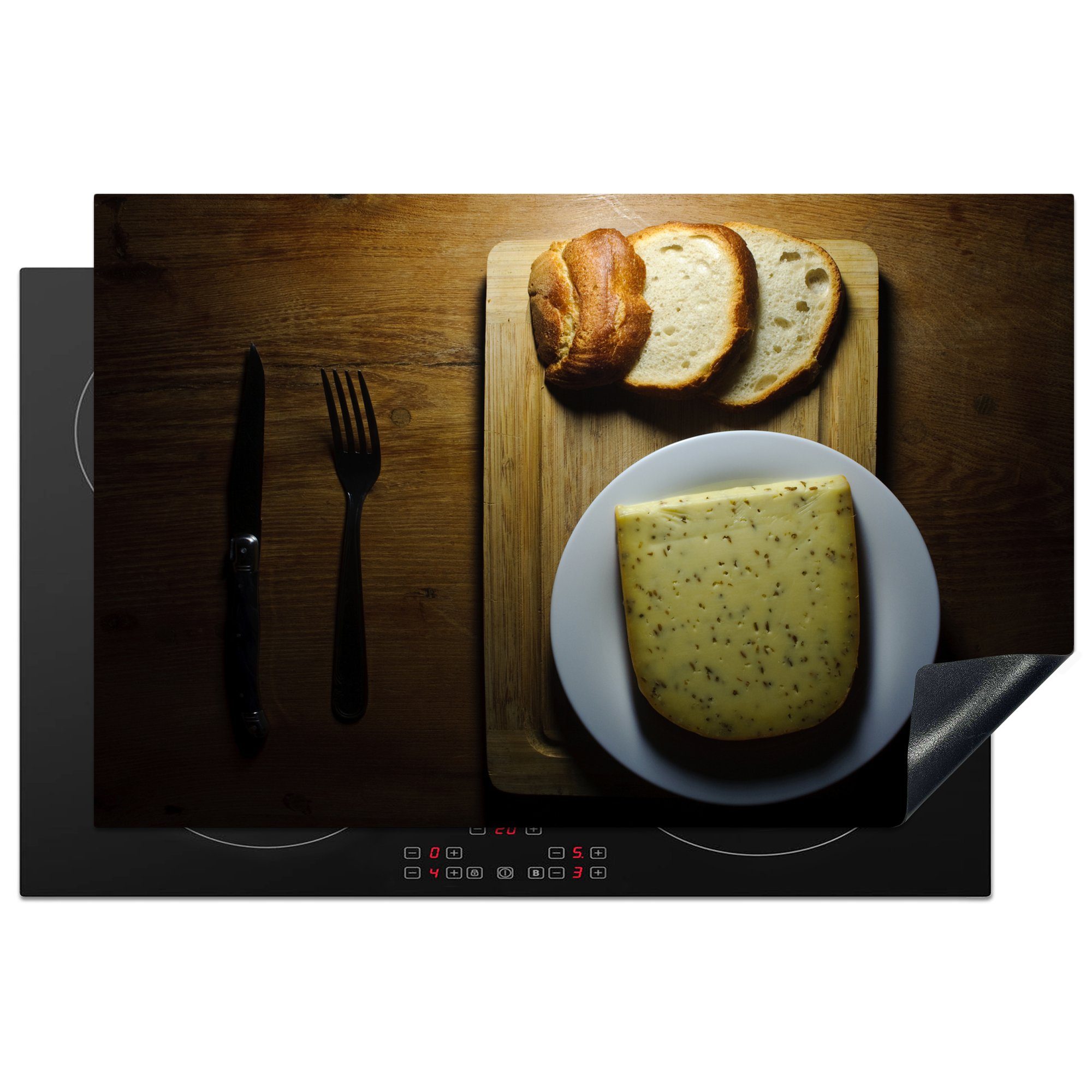 MuchoWow Herdblende-/Abdeckplatte Gouda - Käse - Kreuzkümmel, Vinyl, (1 tlg), 81x52 cm, Induktionskochfeld Schutz für die küche, Ceranfeldabdeckung