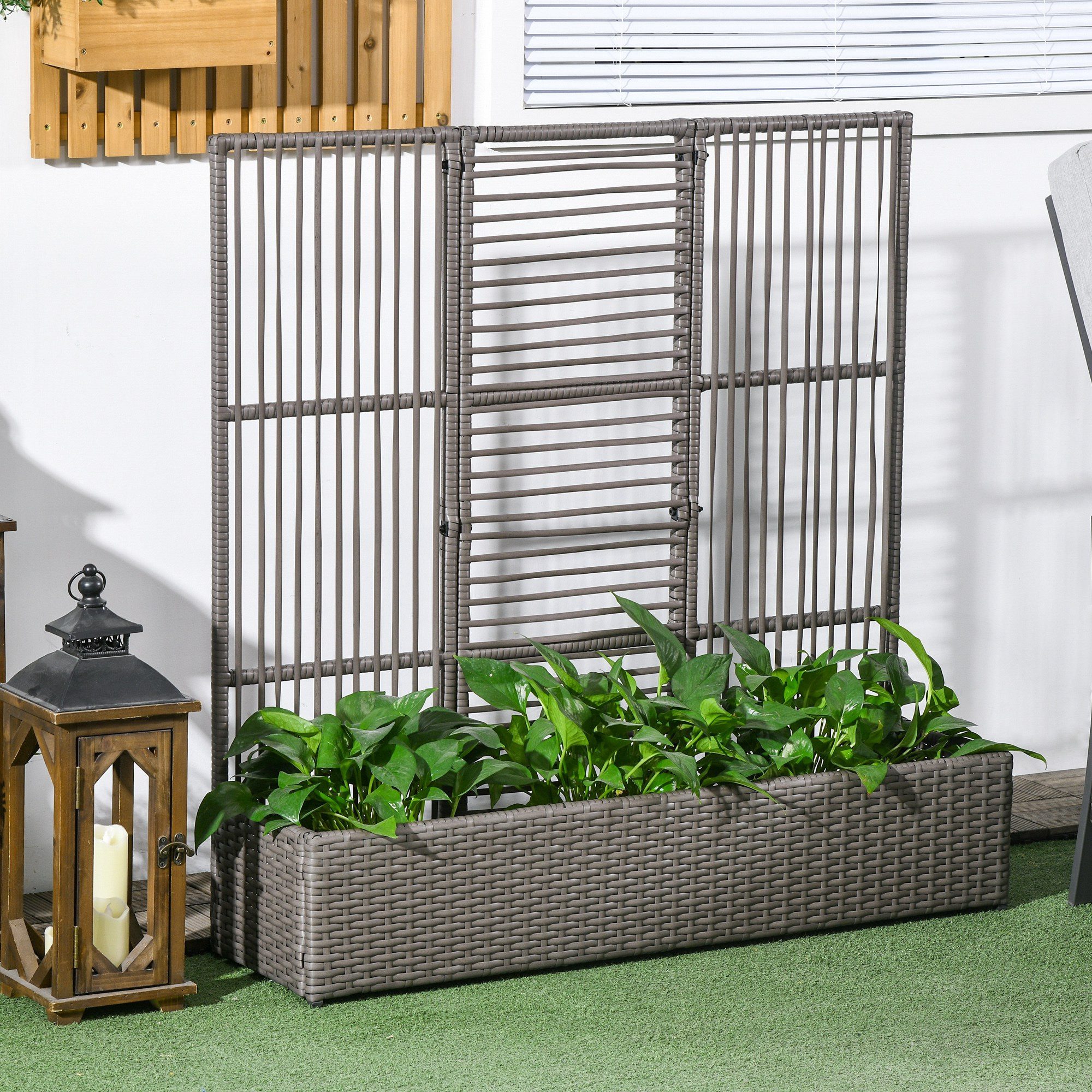 Outsunny Hochbeet Hochbeet mit Rankgitter in Rattan-Optik Blumenbeet für Balkon (Blumenkasten, 1 St., Pflanzkasten), für Garten, Balkon, 103 x 29 x 103 cm Grau