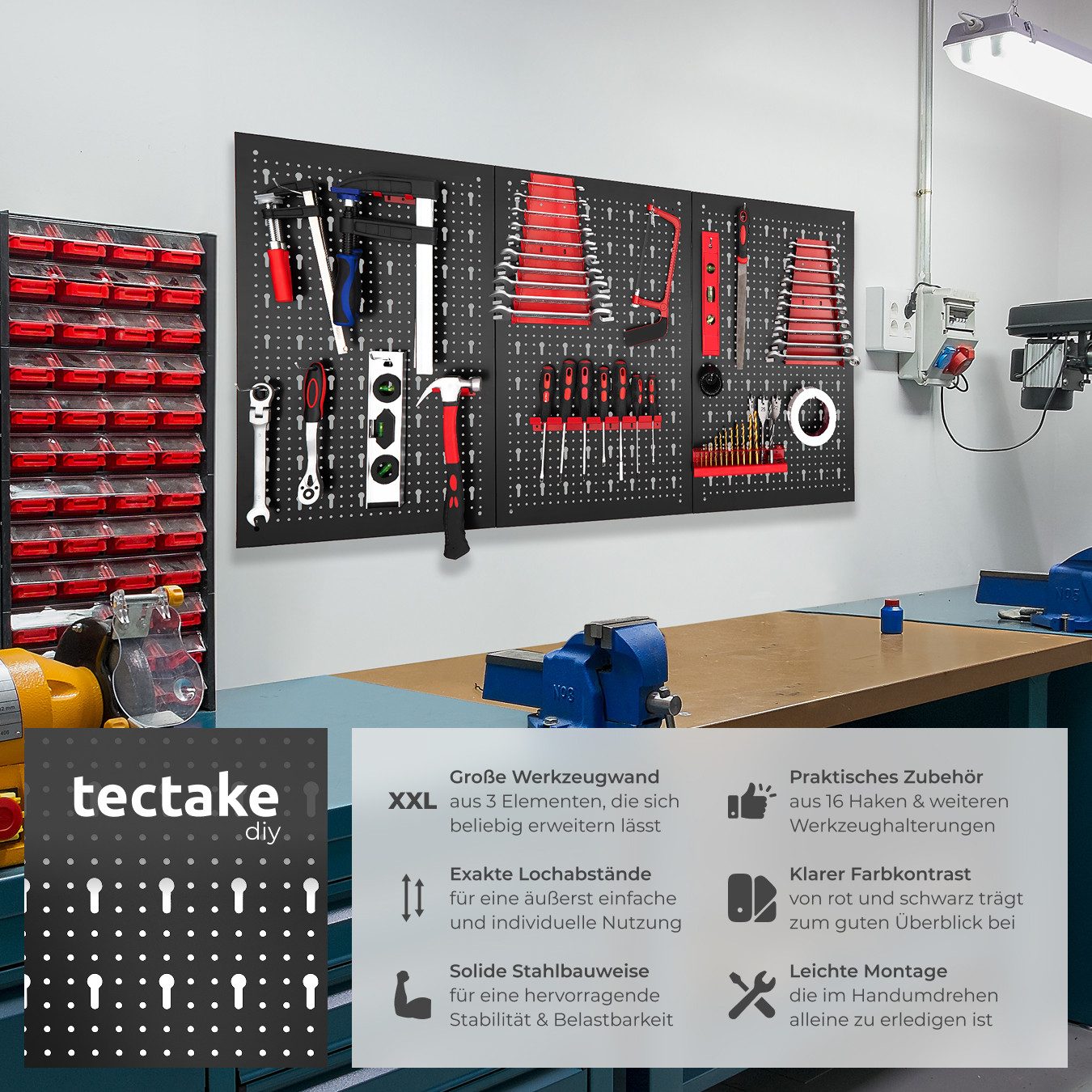 tectake Lochwand Werkzeuglochwand Jonah mit Haken und Halterungen, (3-tlg), günstig online kaufen