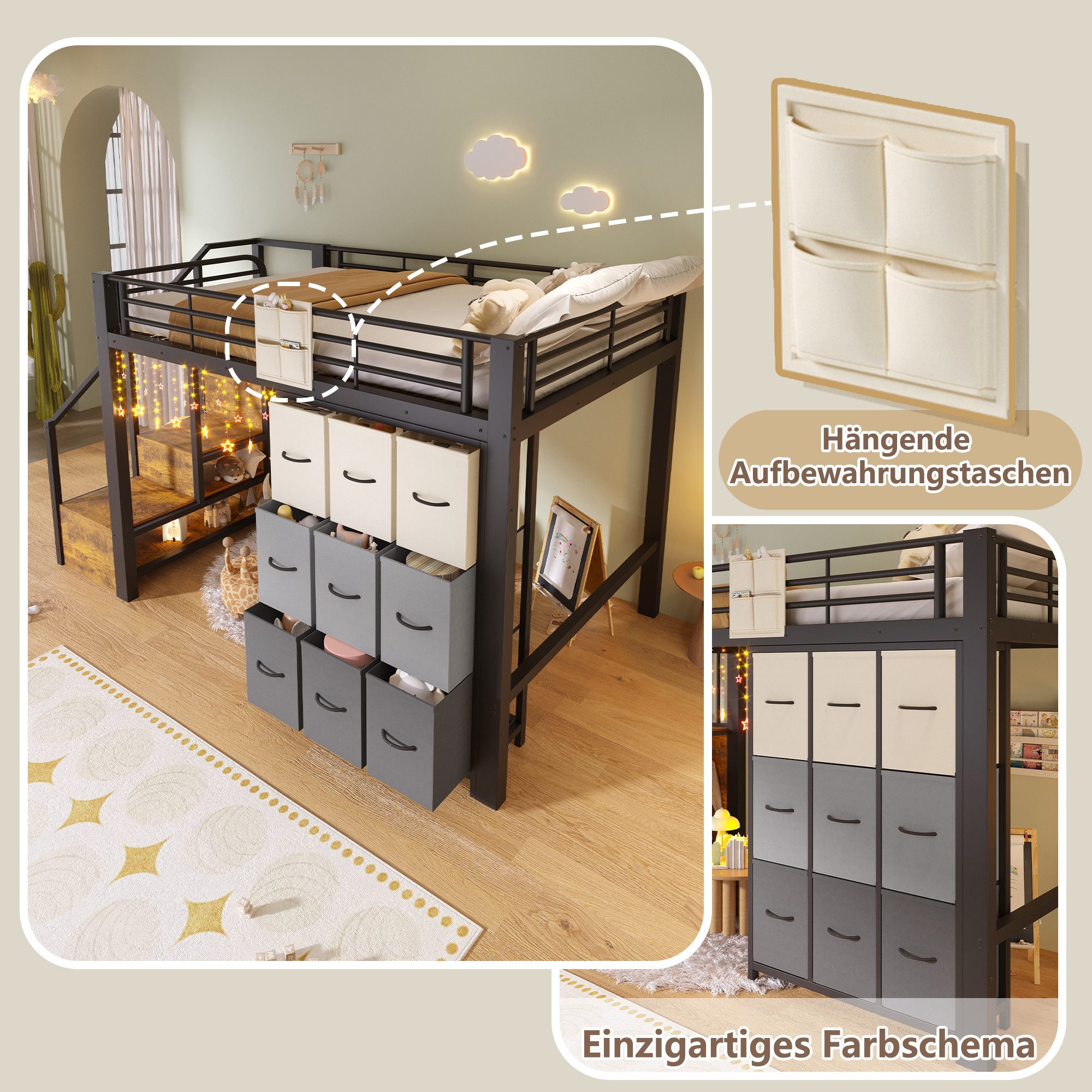 Flieks Hochbett Metallbett Kinderbett 140×200cm mit Kommode und Stauraumtreppe – Bild 5 von 5