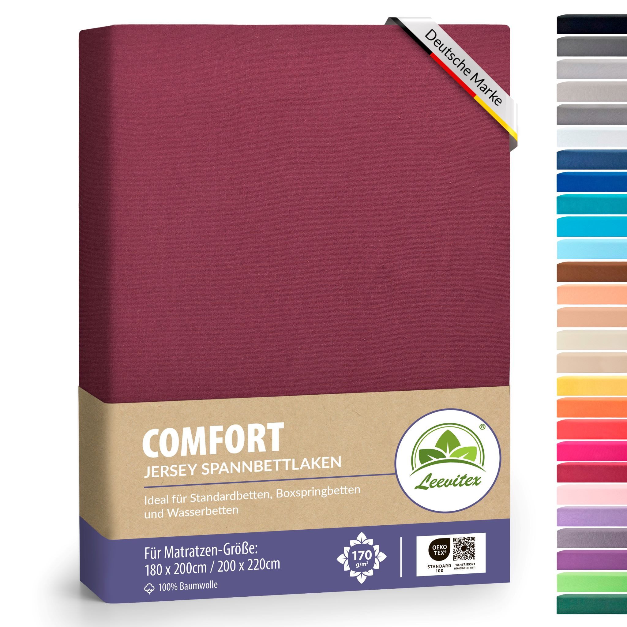 leevitex® Spannbettlaken 180x200 cm - 200x220 cm, Stoffgewicht 170 g/m², 40 cm Steghöhe, Jersey, Gummizug: rundum, (1 Stück), verschiedene Farben, OEKO-TEX® STANDARD 100 zertifiziert