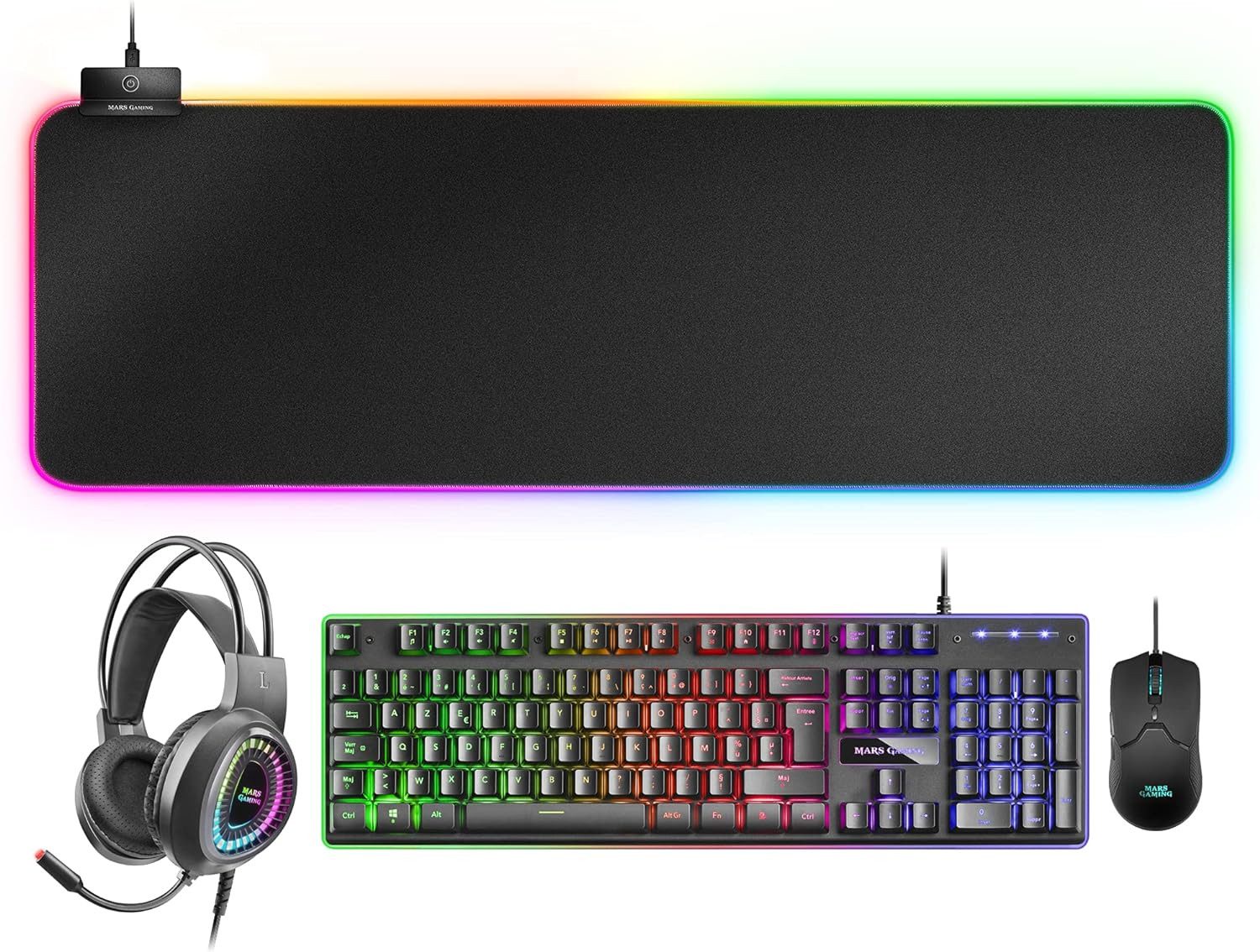 MARSGAMING Gaming MCPEXFR, Combo H-Mech Tastatur- und Maus-Set, GB Headset & RGB XXL Mousepad, Französische Sprache