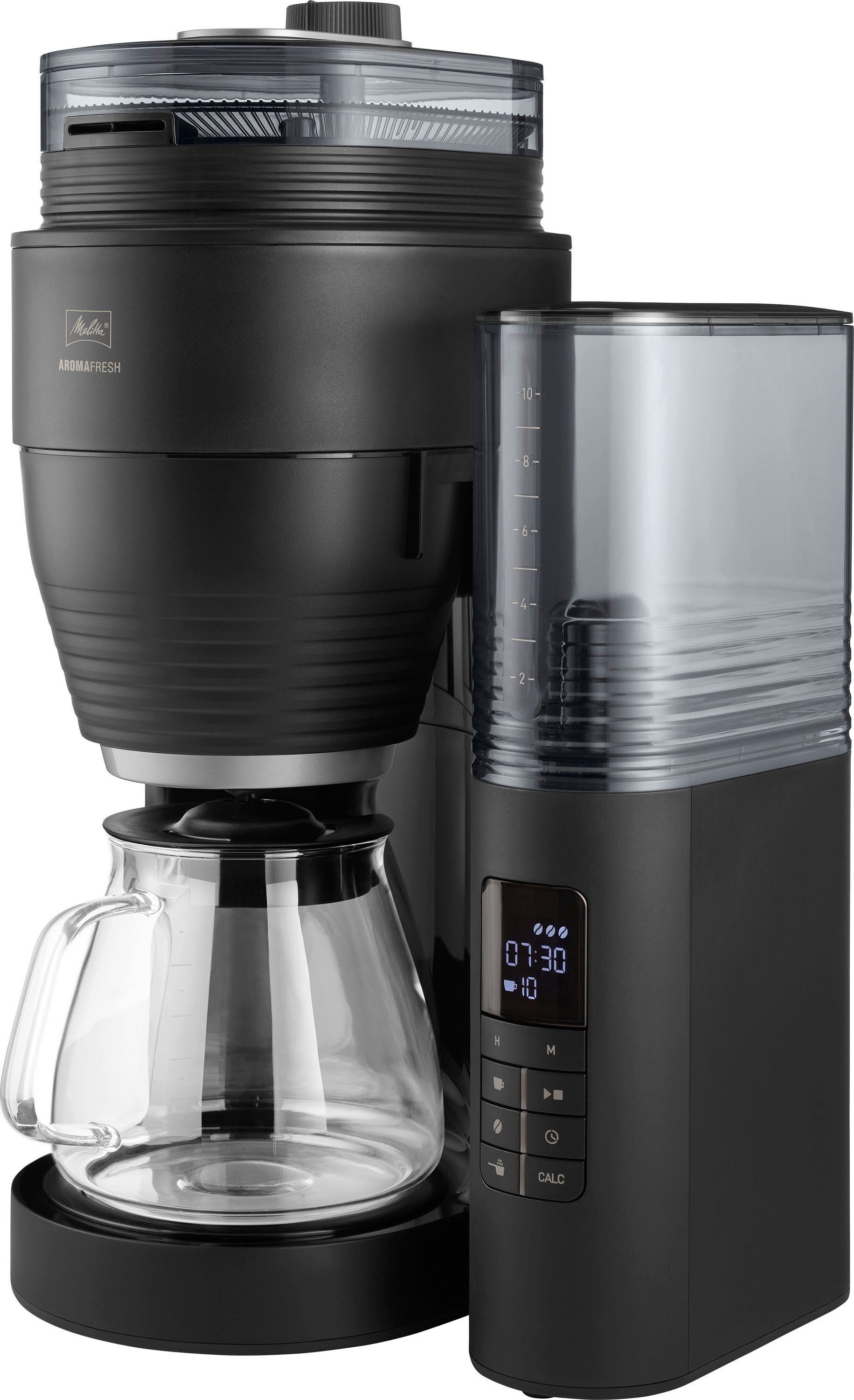 Melitta Kaffeemaschine mit Mahlwerk AromaFresh X 1030-06, 1,25l Kaffeekanne, Papierfilter 1x4, 11 Mahlgradeinstellungen,Kaffeebohnen/-pulver,  Timer,Warmhalteplatte