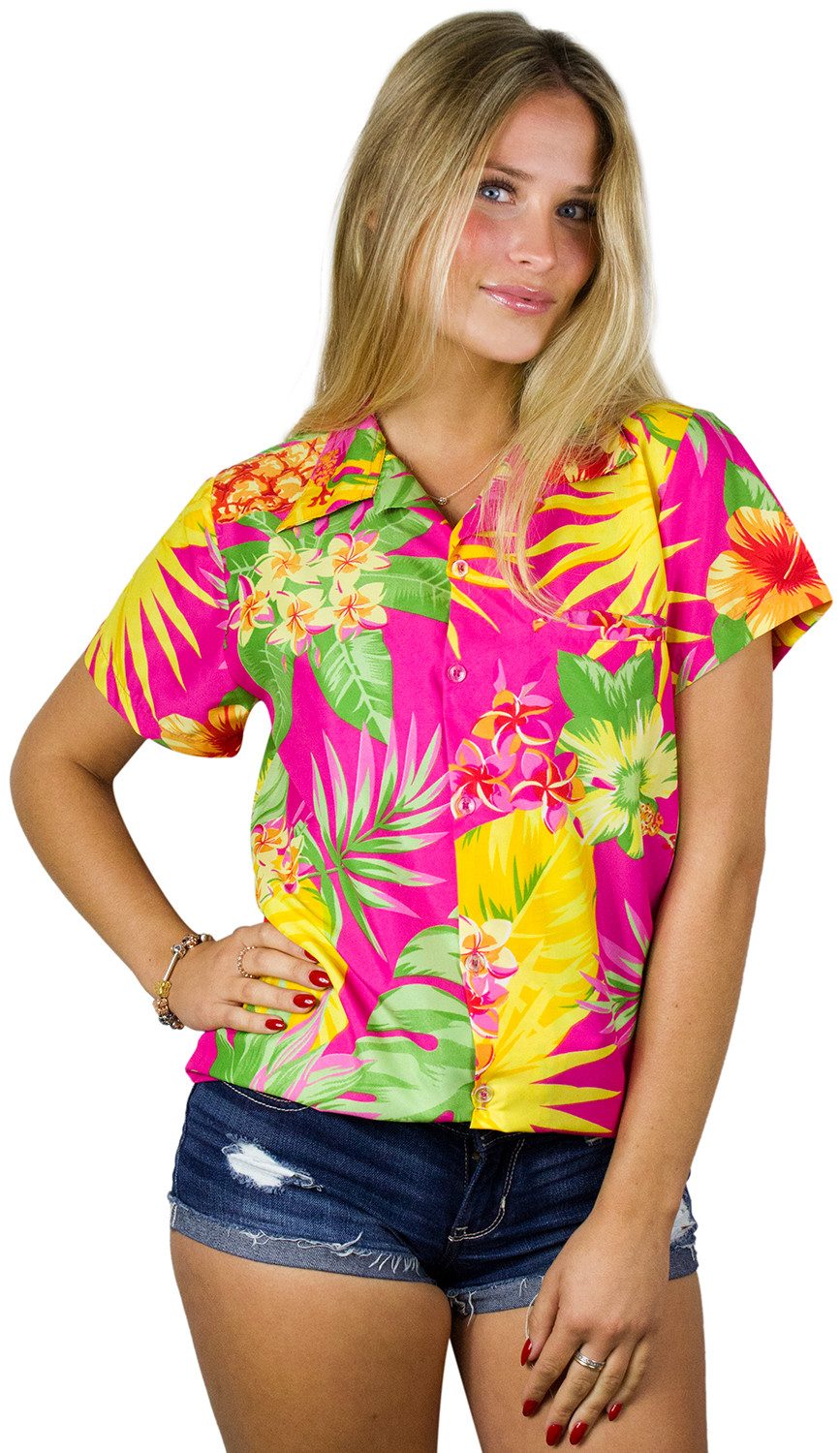 King Kameha Hawaiihemd Pineapple Funky Hawaiibluse Damen Kurzarm Front-Tasche Stylish