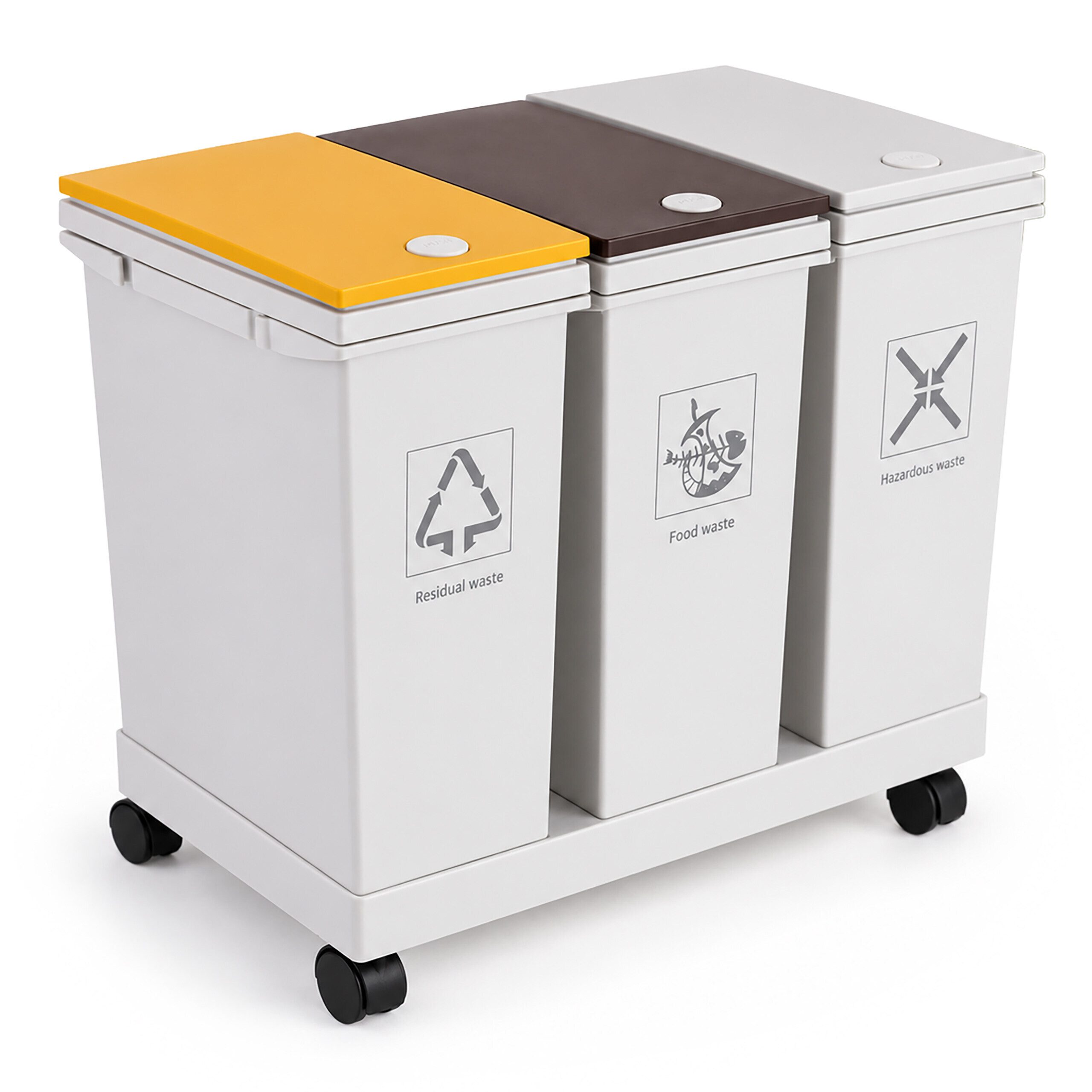 relaxdays Mülltrennsystem Mülleimer mit Rollen 3 Fächer, 3x 12 Liter