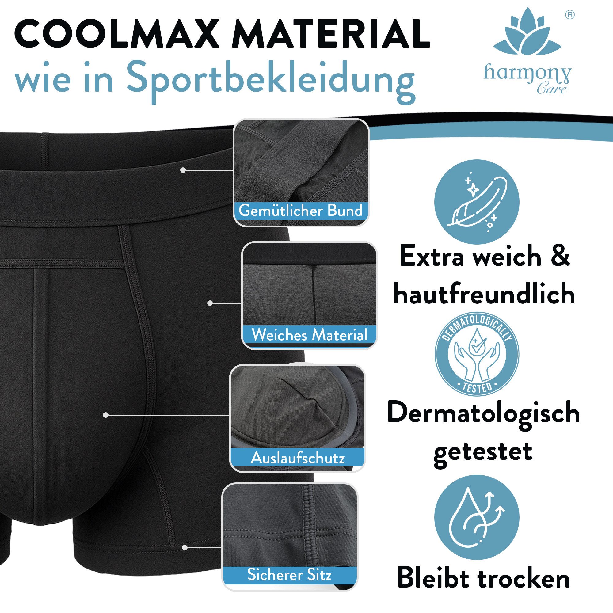 Harmony Care Inkontinenzboxer Premium waschbare Inkontinenz Pants Männer inkl. Waschnetz (3 Stück, 3-St) extra auslaufsicher